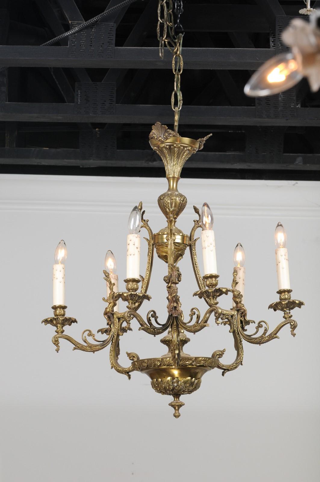 Spanish 19th Century Bronze Six-Light Chandelier with Cherubs and Floral Decor For Sale 6