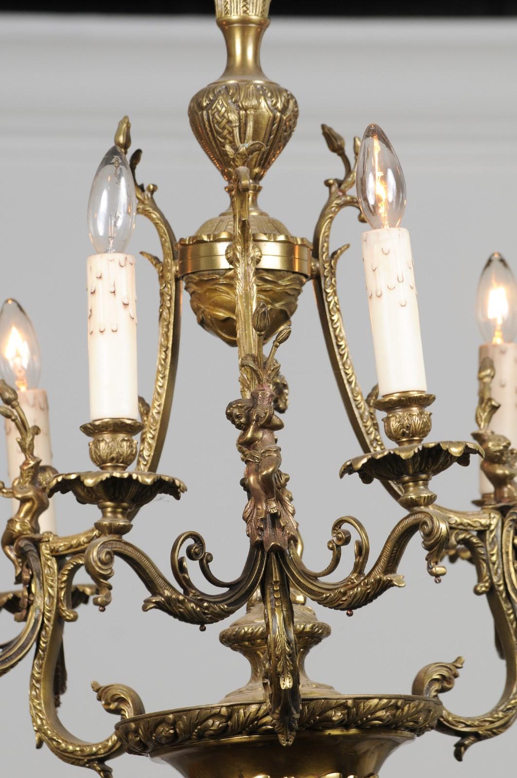 Spanish 19th Century Bronze Six-Light Chandelier with Cherubs and Floral Decor For Sale 7