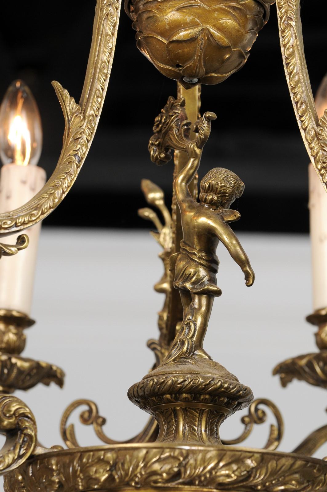 Spanish 19th Century Bronze Six-Light Chandelier with Cherubs and Floral Decor For Sale 8