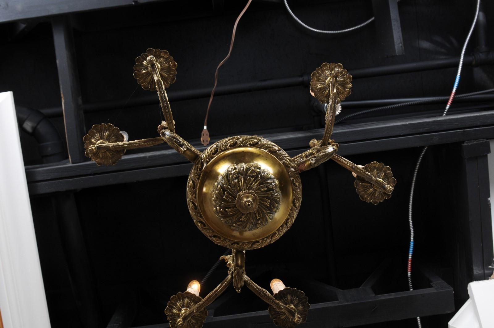 Spanish 19th Century Bronze Six-Light Chandelier with Cherubs and Floral Decor For Sale 13