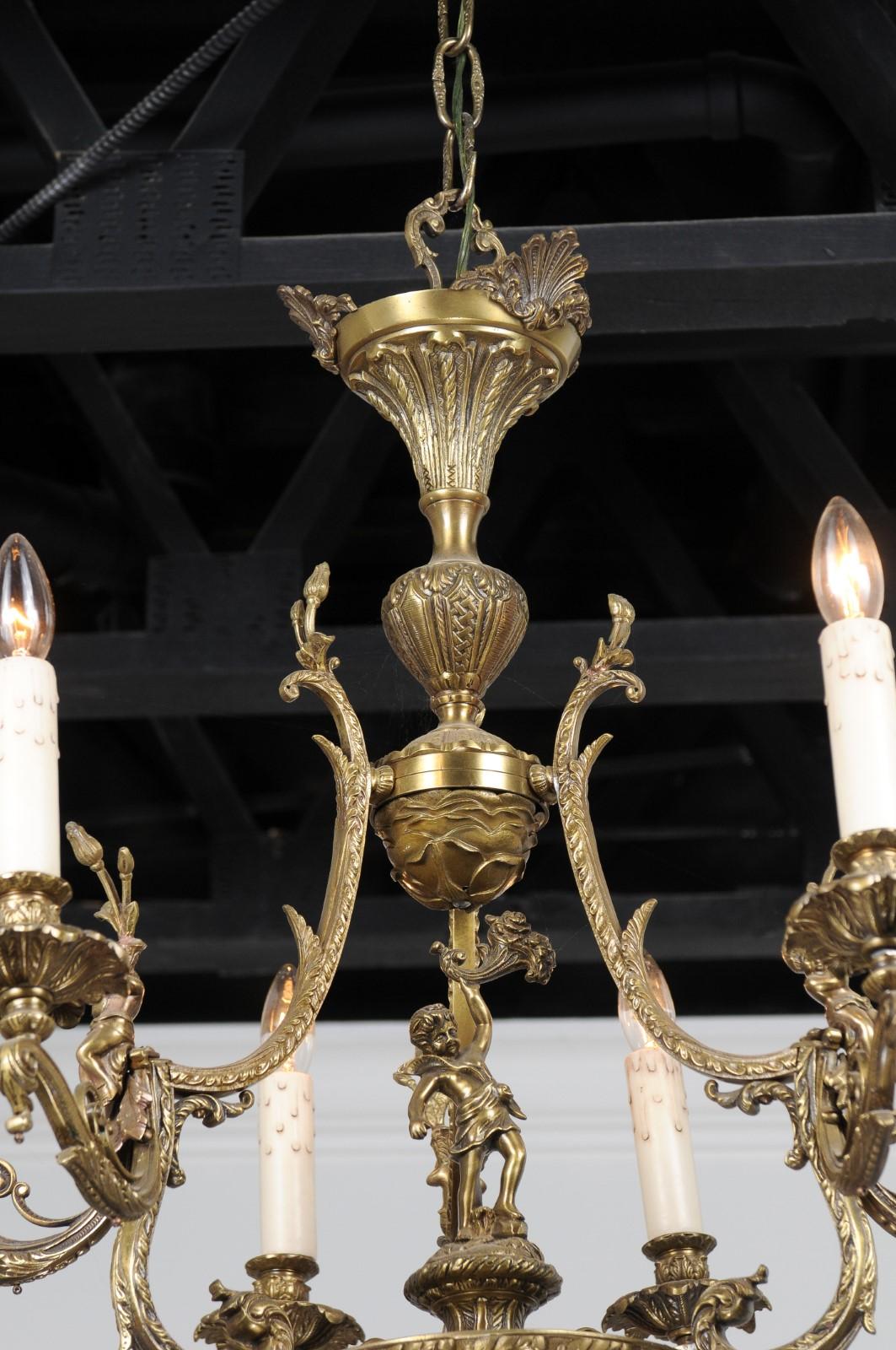 Spanish 19th Century Bronze Six-Light Chandelier with Cherubs and Floral Decor In Good Condition For Sale In Atlanta, GA