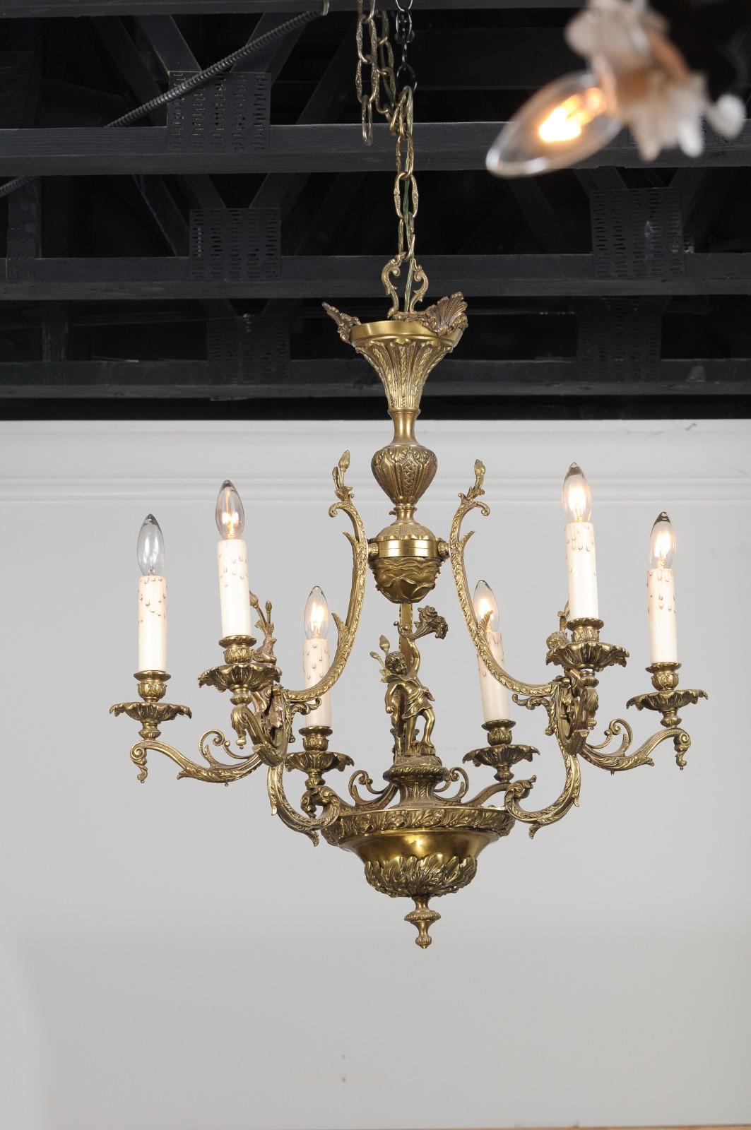 Spanish 19th Century Bronze Six-Light Chandelier with Cherubs and Floral Decor For Sale 2