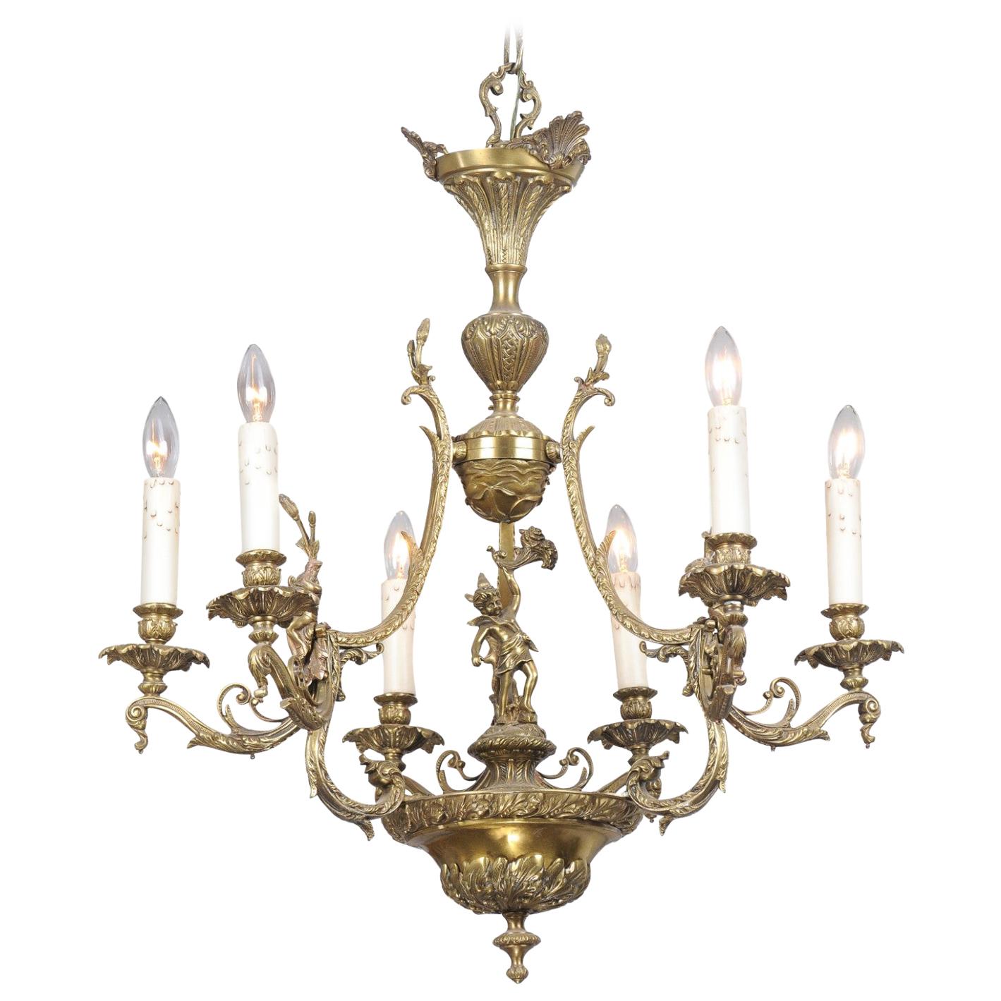 Spanish 19th Century Bronze Six-Light Chandelier with Cherubs and Floral Decor For Sale