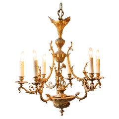 Spanish 19th Century Bronze Six-Light Chandelier with Cherubs and Floral Decor