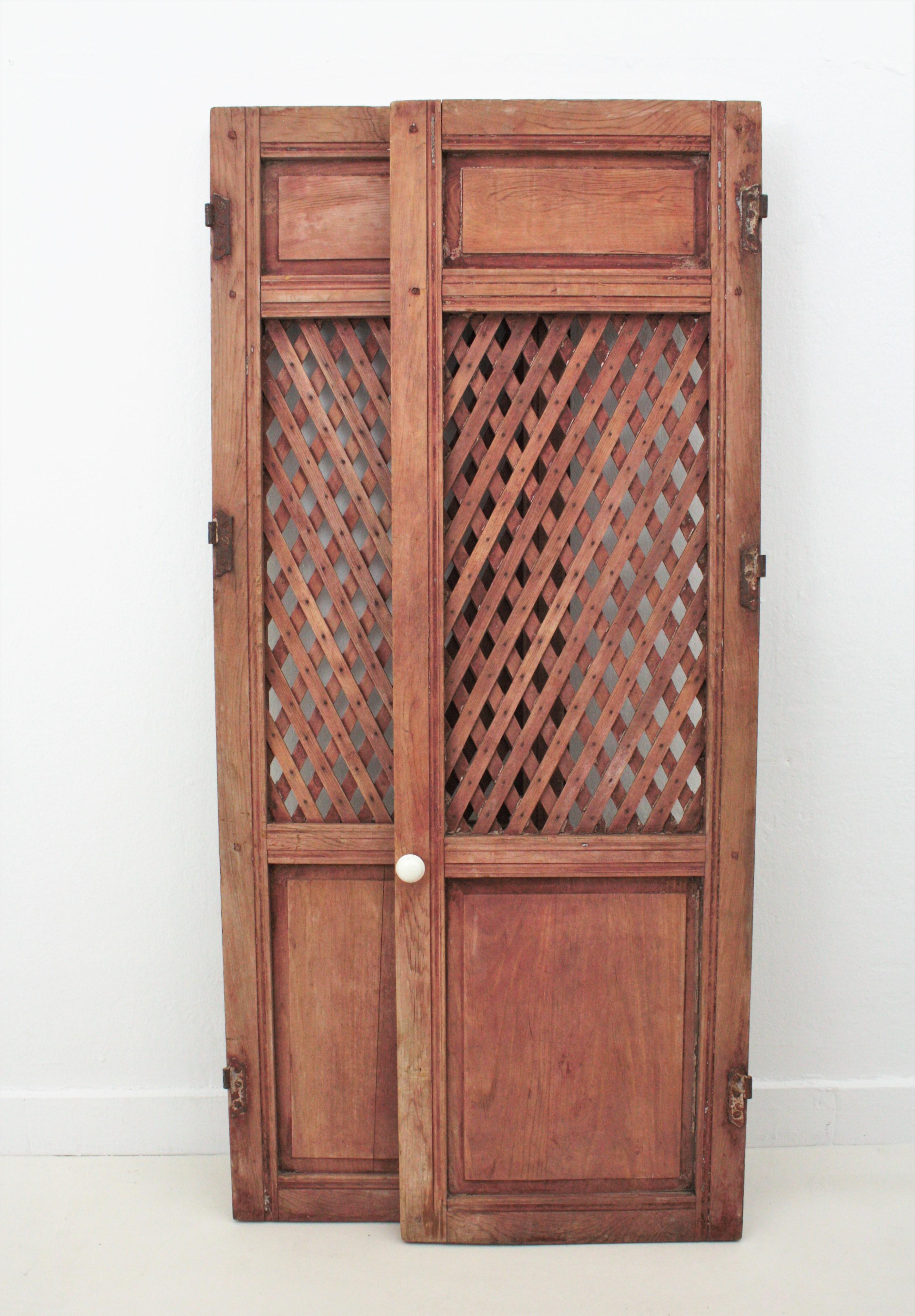 Spanish Carved Wood Lattice Rustic Doors, Pair For Sale 1