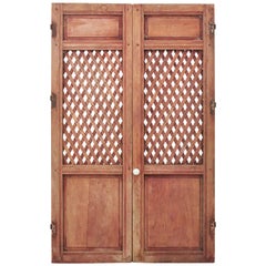 Used Spanish Carved Wood Lattice Rustic Doors, Pair