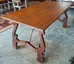 Spanish 19th Century Farm House Dining Table with Lyre Legs and Iron Supports