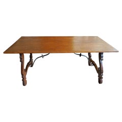 Spanish 19th Century Farm House Dining Table with Lyre Legs and Iron Supports