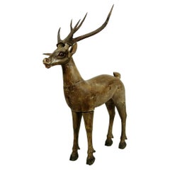 Spanish 19th Century Folk Art Wood Carved Antler Deer Sculpture