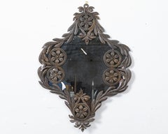 Spanish 19th Century Metal Wall Mirror with Rosettes, Foliage and Dark Patina