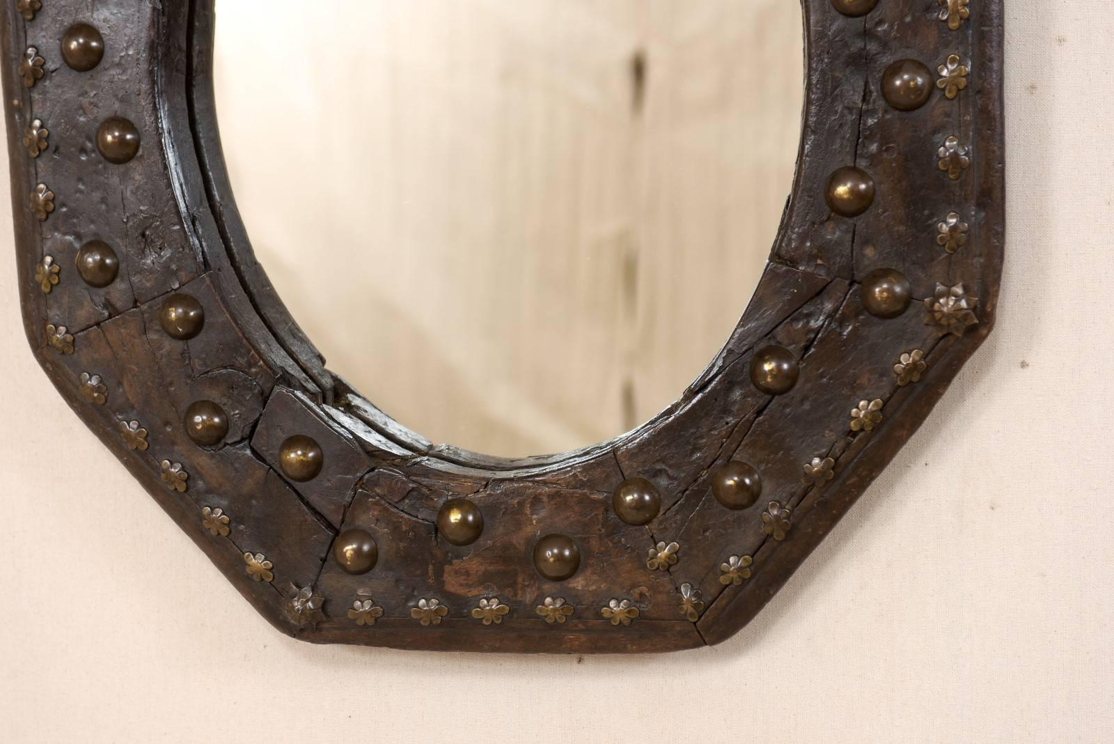 Spanish 19th Century Octagonal Wood Mirror with Flower Accents and Nail Heads In Good Condition In Atlanta, GA