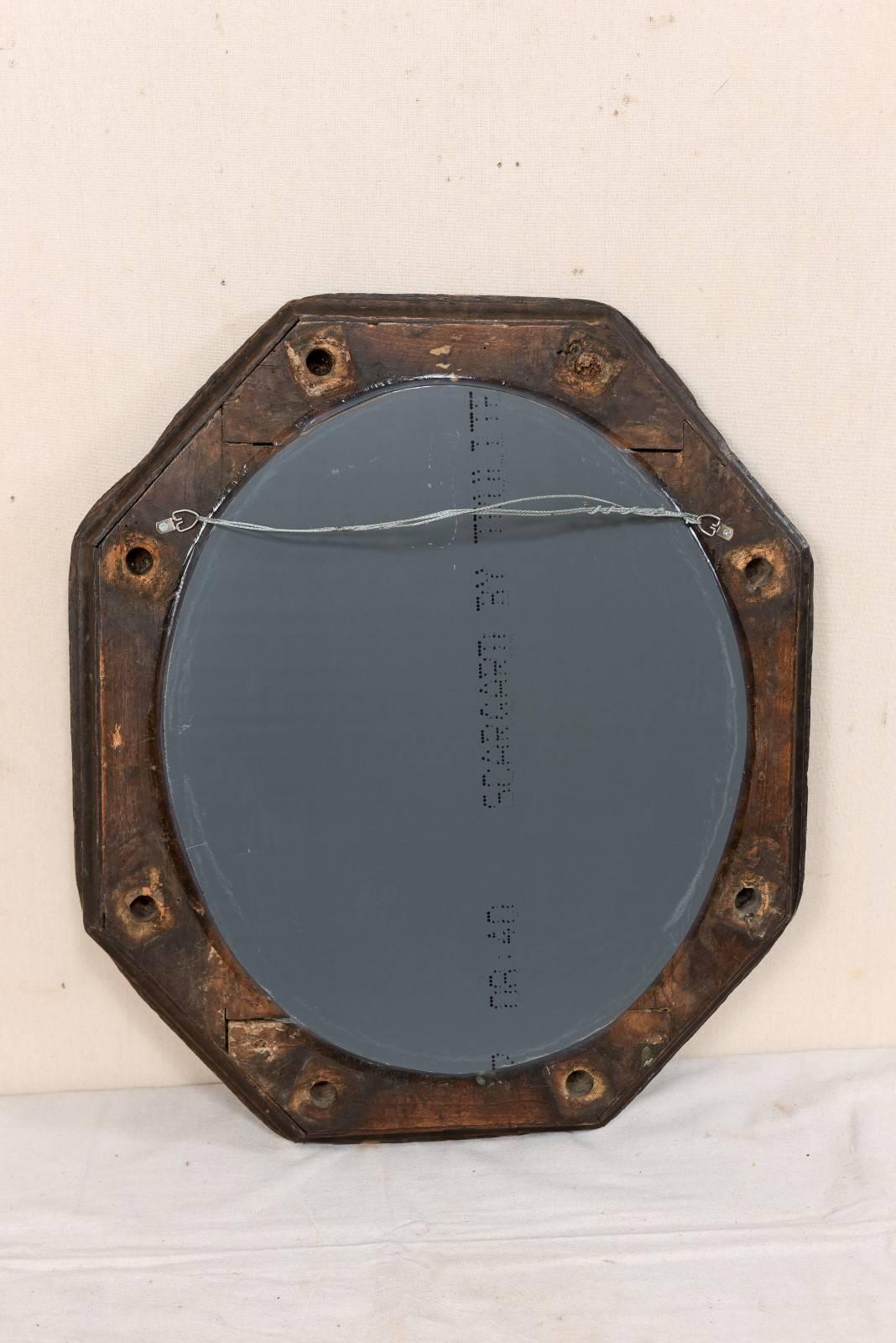 Spanish 19th Century Octagonal Wood Mirror with Flower Accents and Nail Heads 2