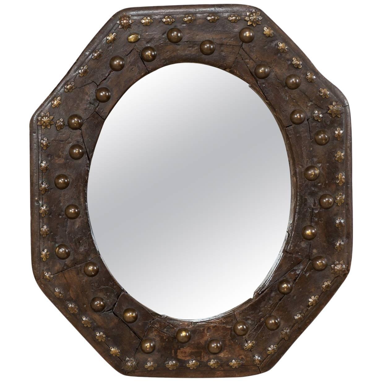 Spanish 19th Century Octagonal Wood Mirror with Flower Accents and Nail Heads