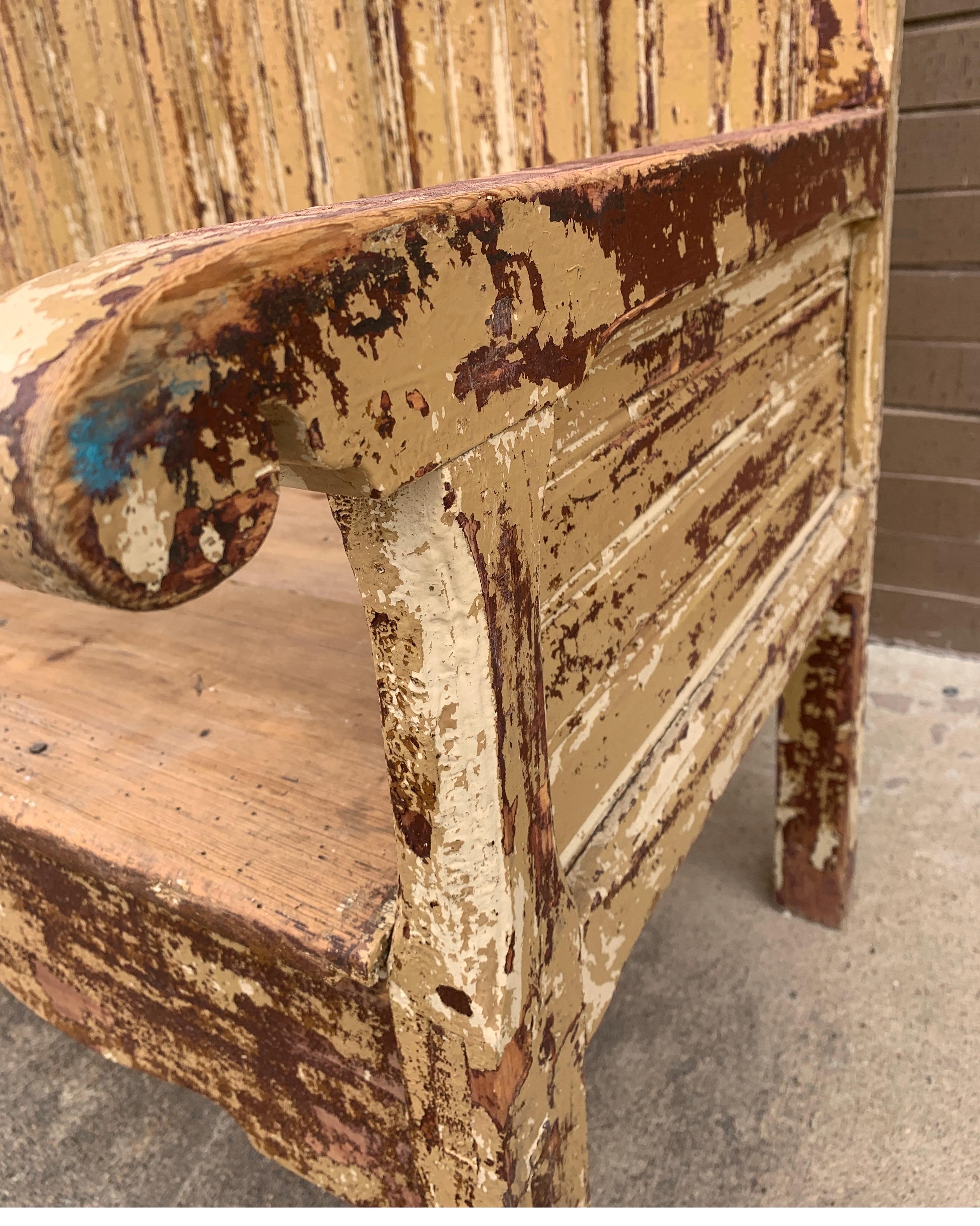 Spanish 19th Century Painted Bench with Dove-Tail and Tall Back For Sale 7