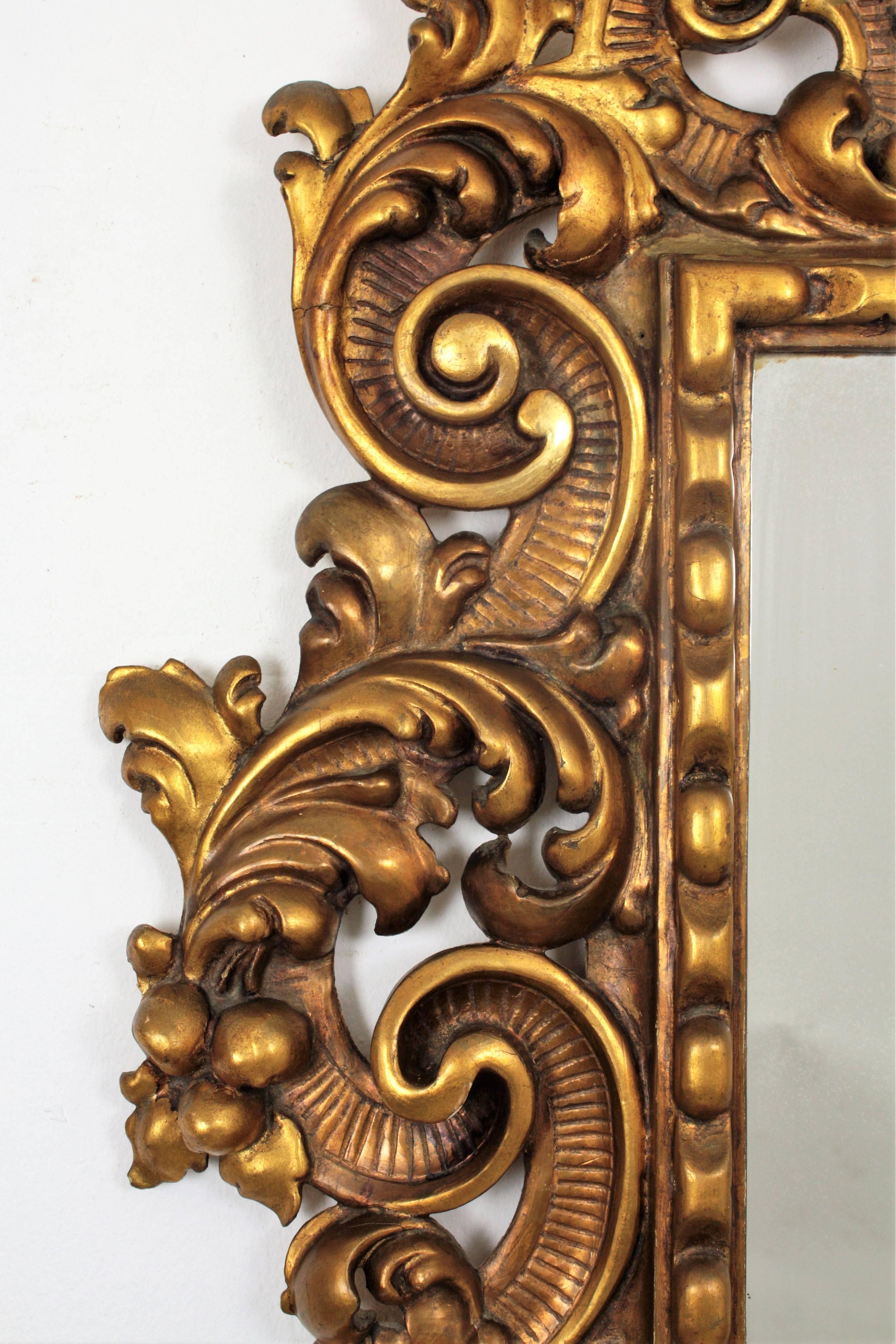 Art Deco Spanish Rococo Style Foliage Carved Giltwood Mirror For Sale