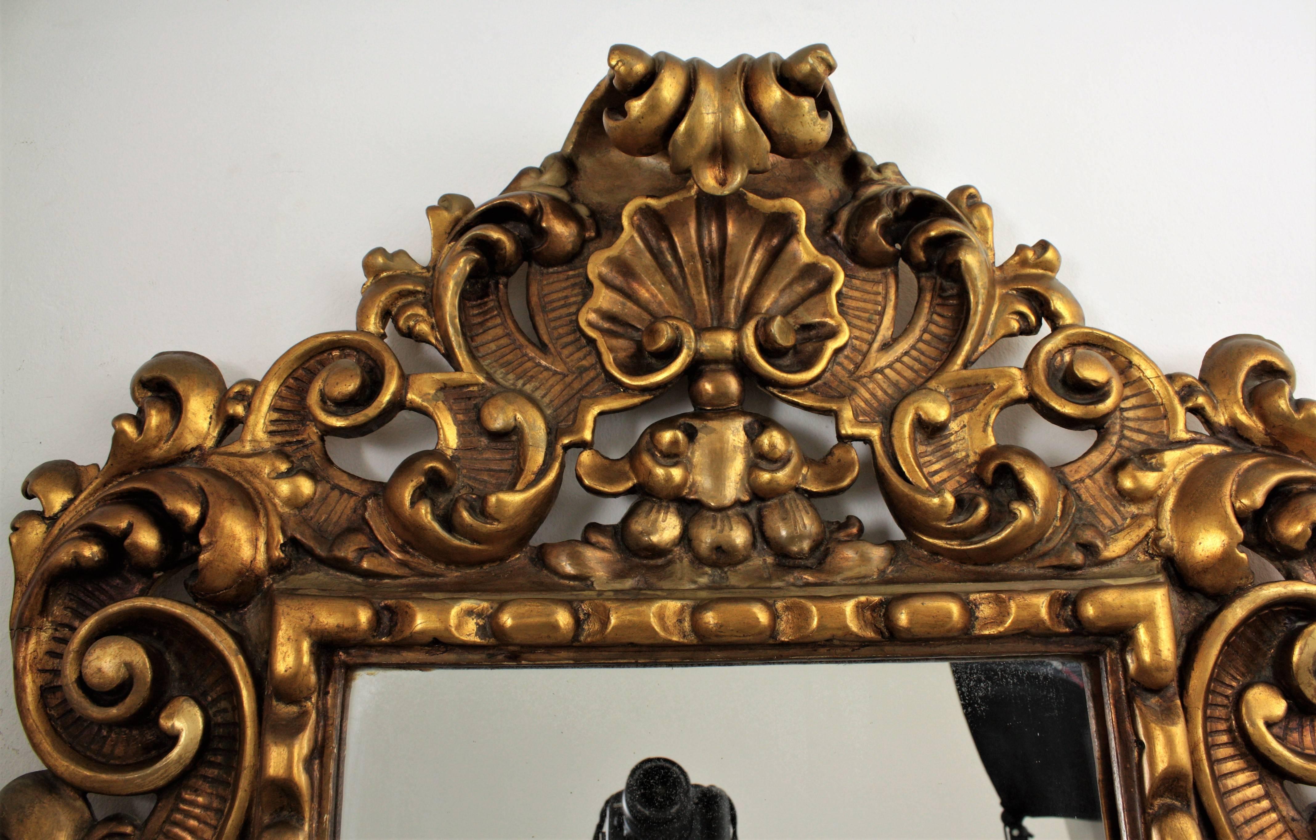 20th Century Spanish Rococo Style Foliage Carved Giltwood Mirror For Sale