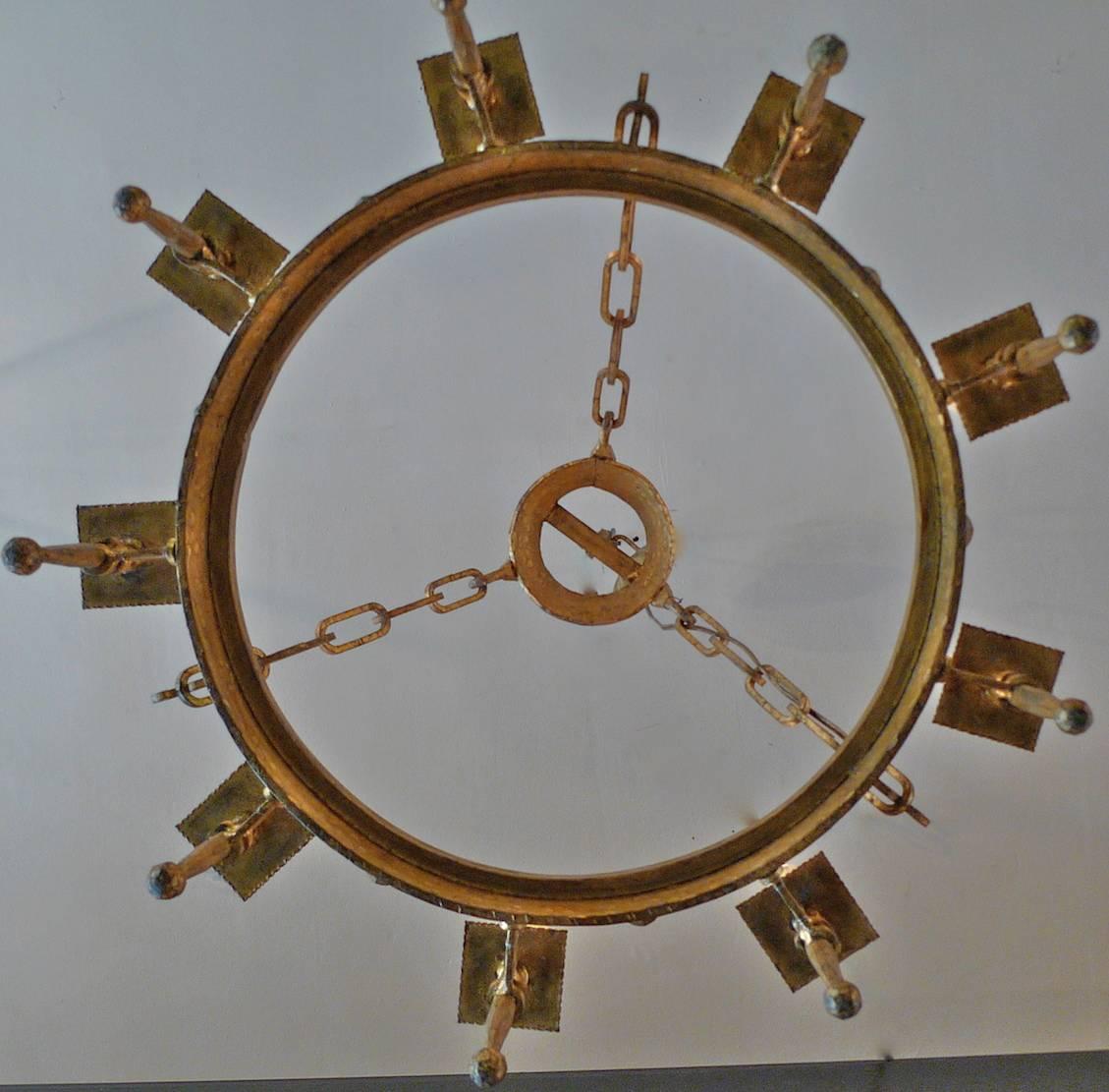 Wrought Iron Spanish 19th Century Round Gilded Iron Chandelier with Nine Outer Lights