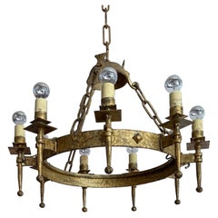 Spanish 19th Century Round Gilded Iron Chandelier with Nine Outer Lights