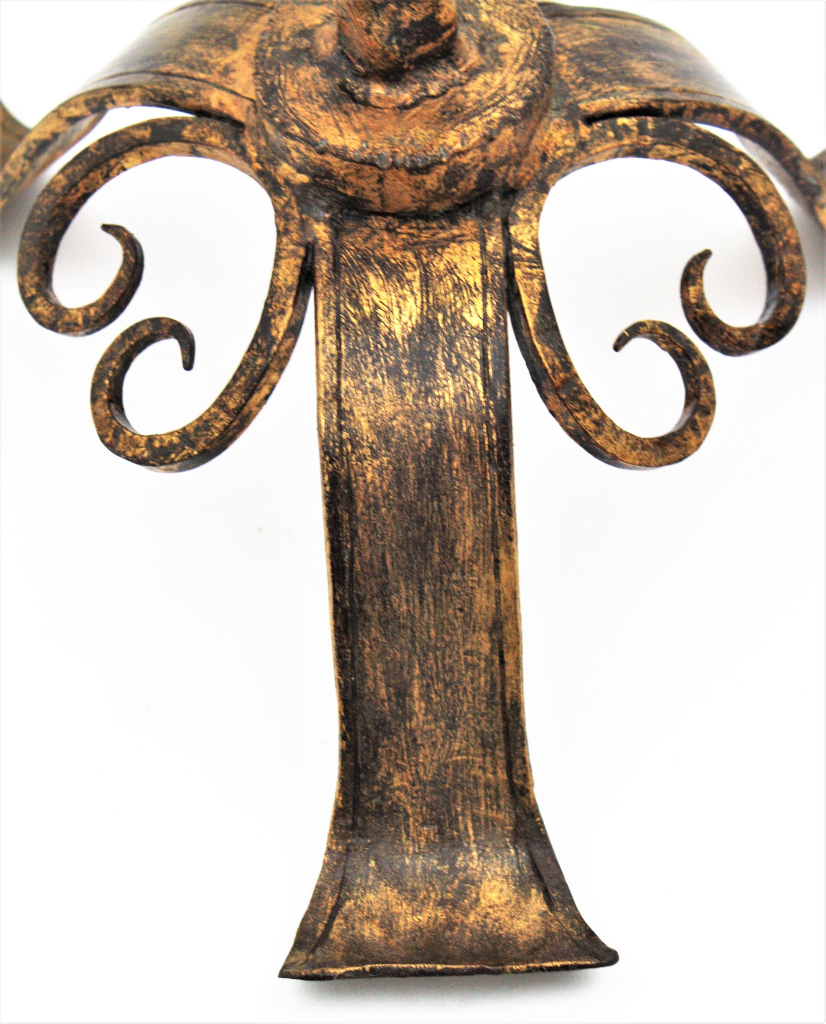 Spanish 19th Century Wrought Gilt Iron Gothic Style Floor Candlestick For Sale 1