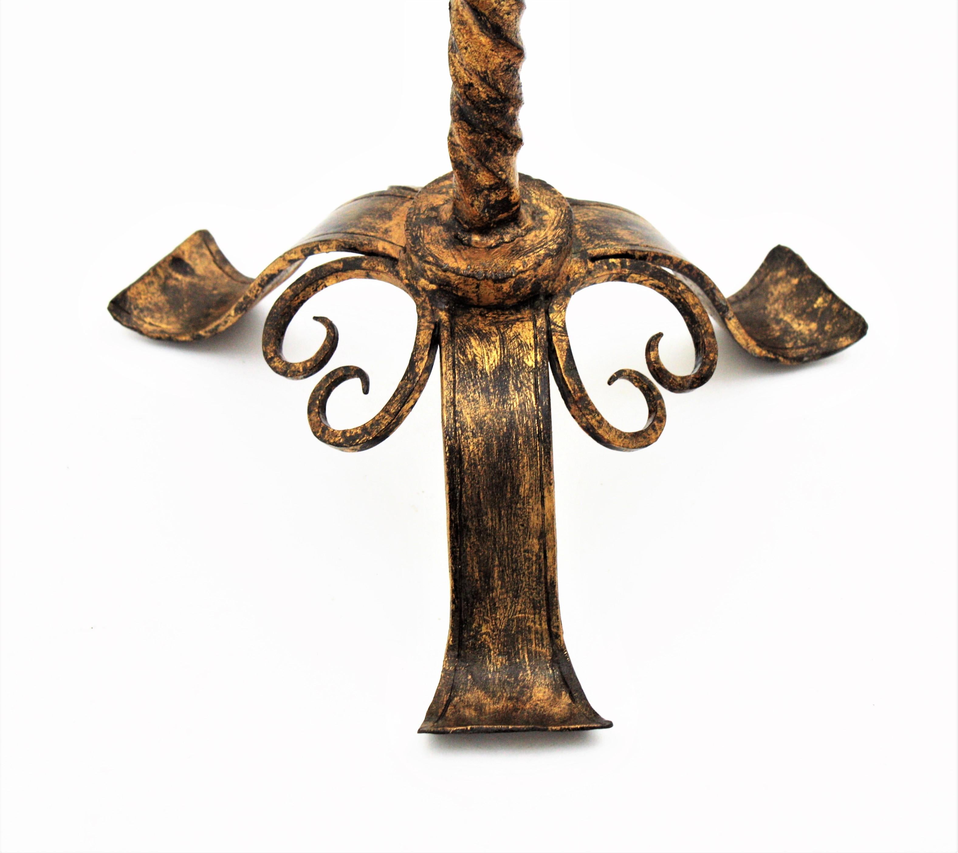 Spanish 19th Century Wrought Gilt Iron Gothic Style Floor Candlestick For Sale 2