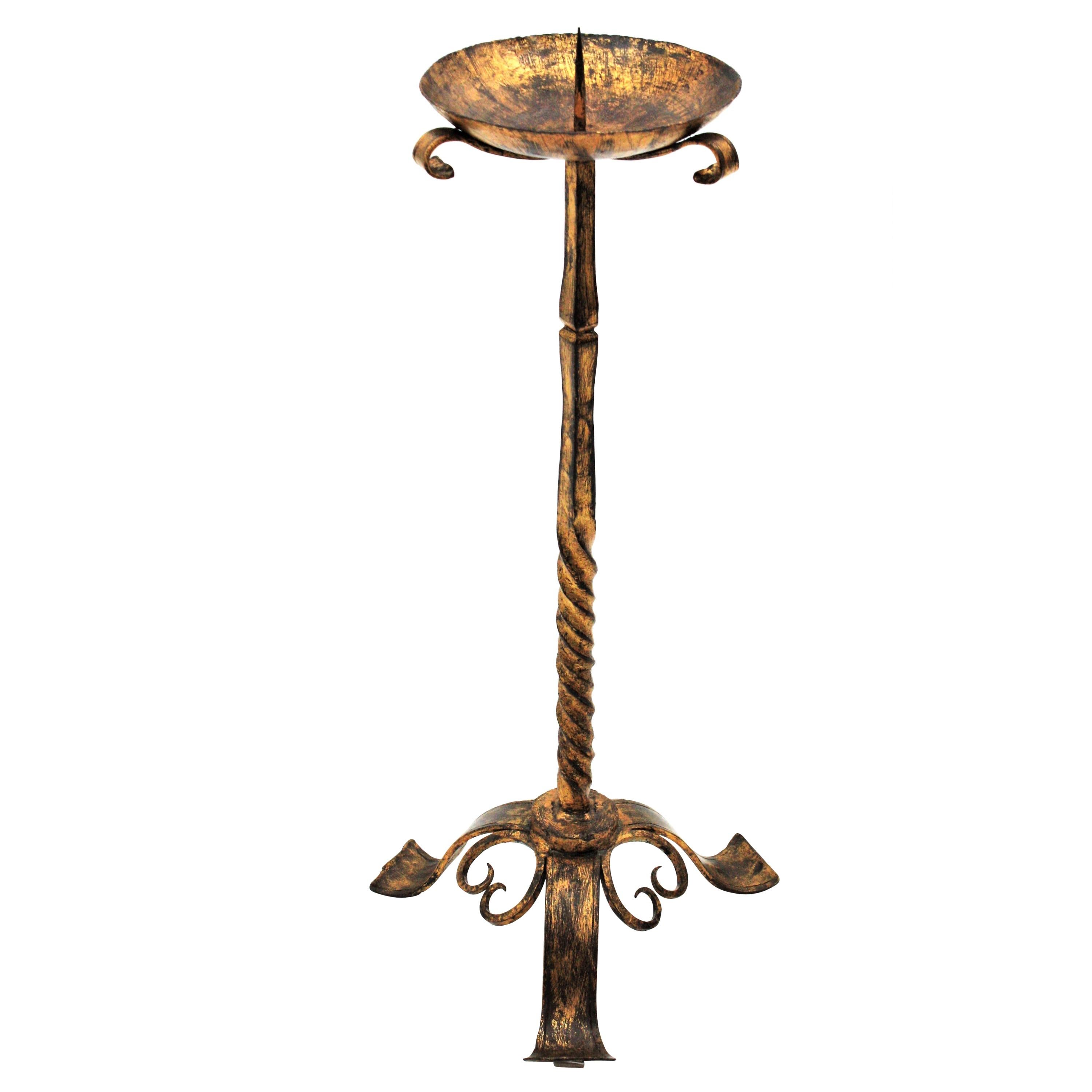 Spanish 19th Century Wrought Gilt Iron Gothic Style Floor Candlestick For Sale