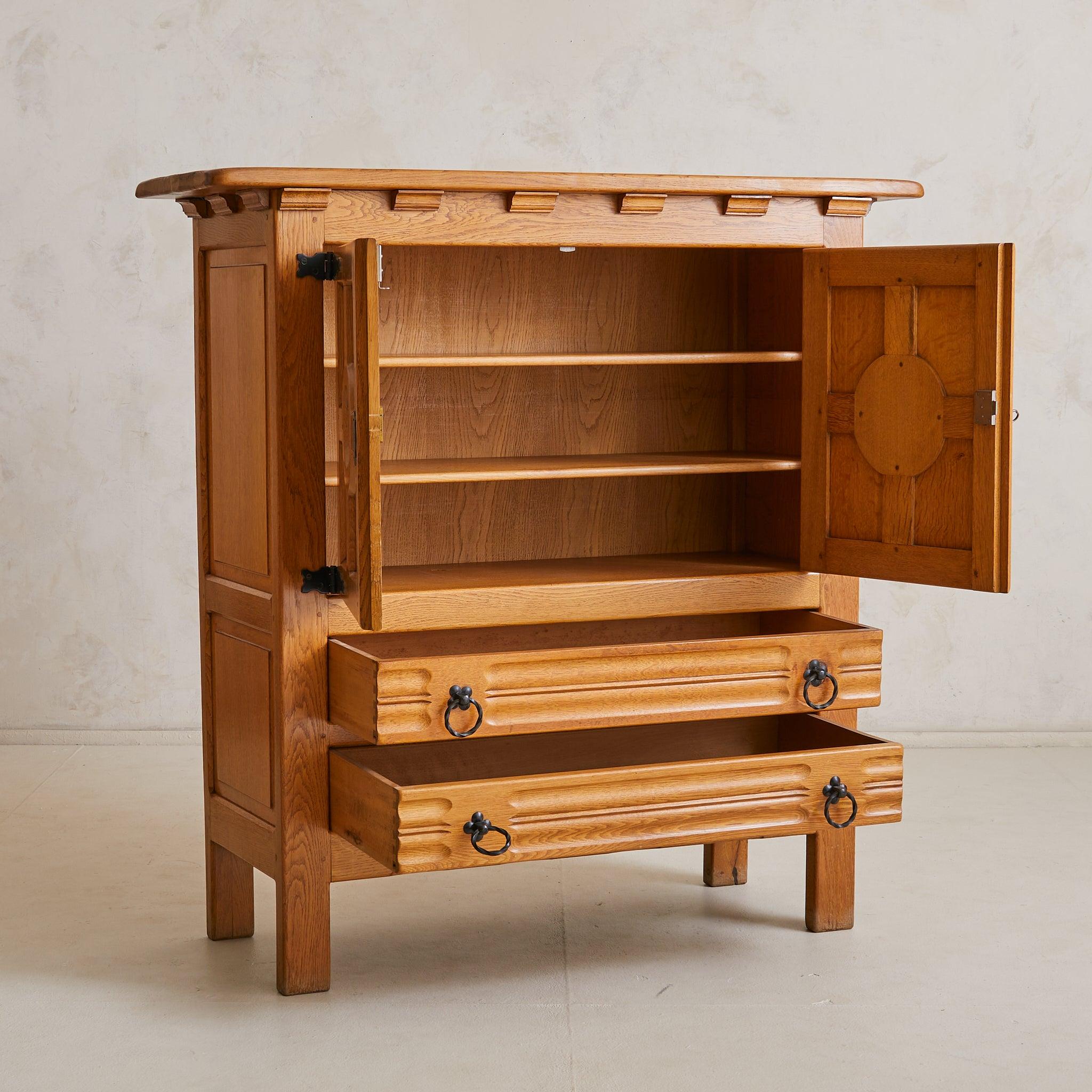 Mid-Century Modern Spanish 2-Door Oak Cabinet with Iron Hardware, 1940s - 2 Available For Sale