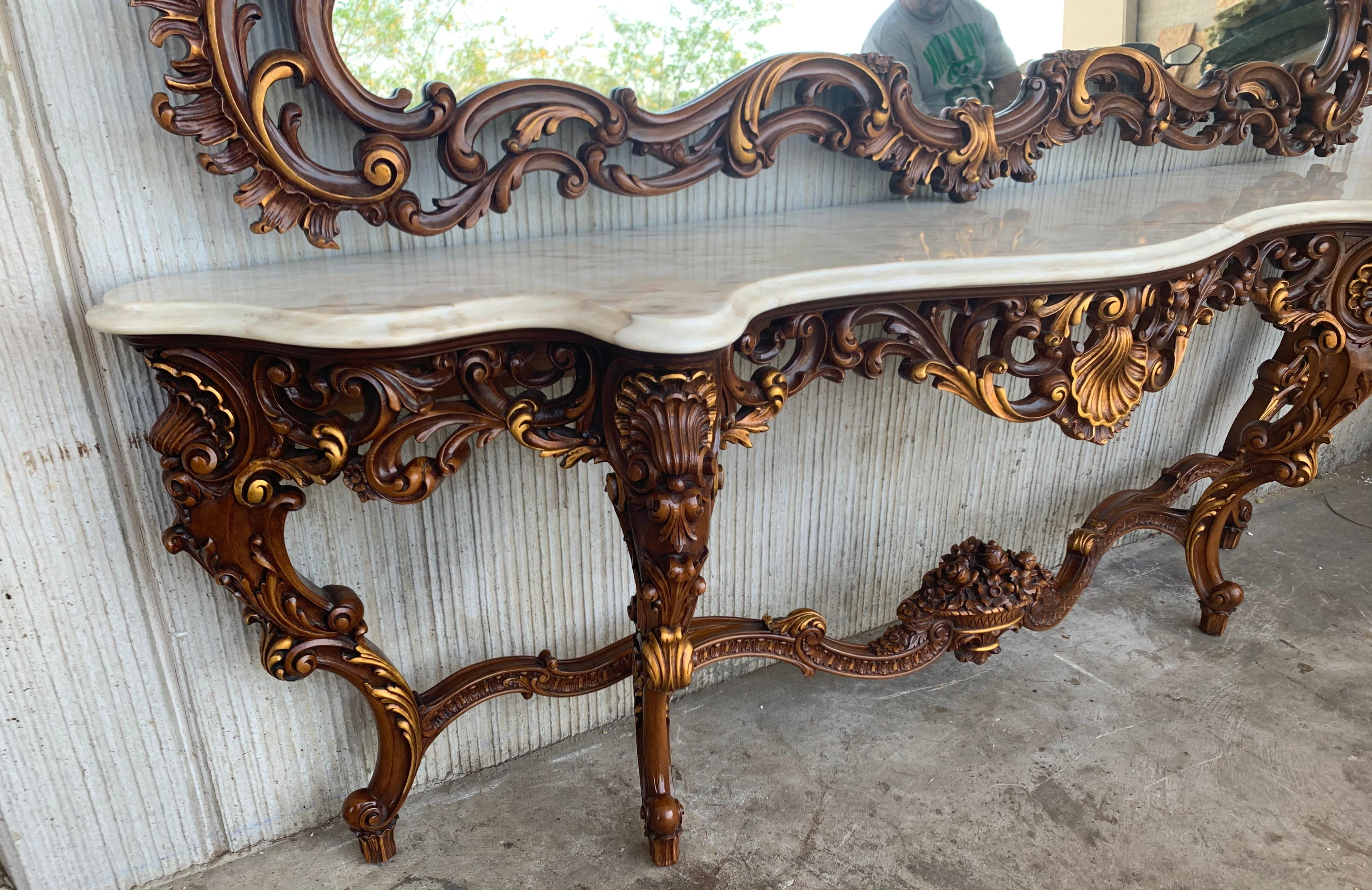 Spanish 20th Baroque Style Carved Walnut Ormolu and Marble Console & Mirror 5