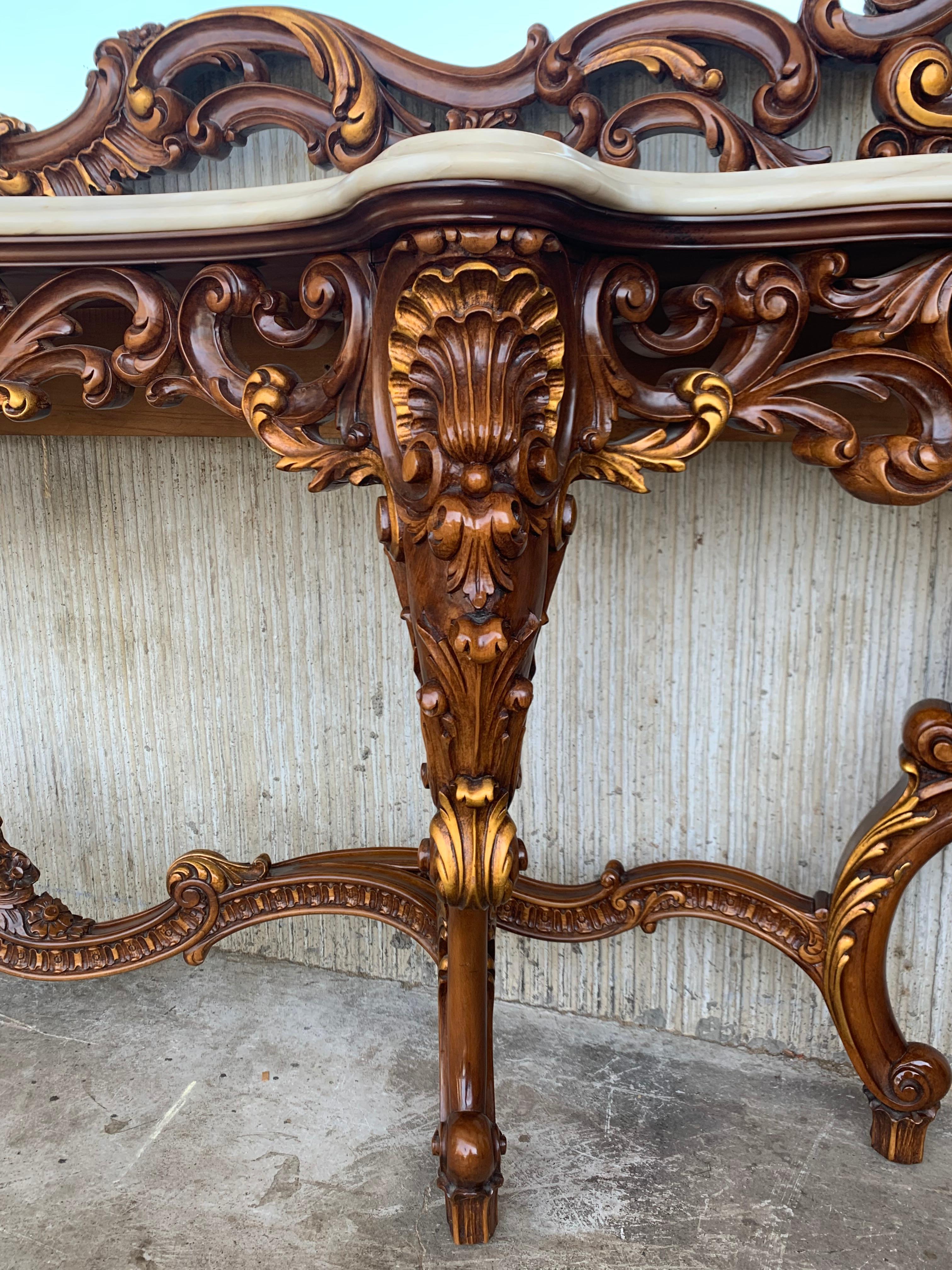 Spanish 20th Baroque Style Carved Walnut Ormolu and Marble Console & Mirror 6