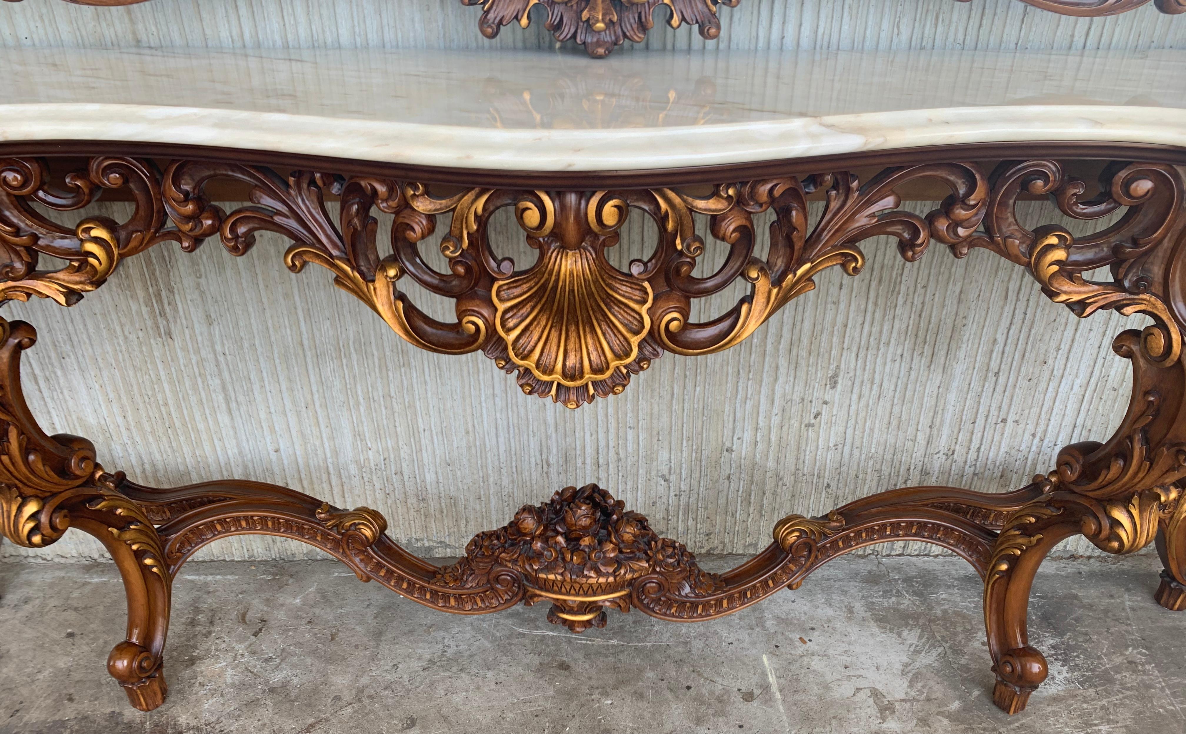 Spanish 20th Baroque Style Carved Walnut Ormolu and Marble Console & Mirror 7