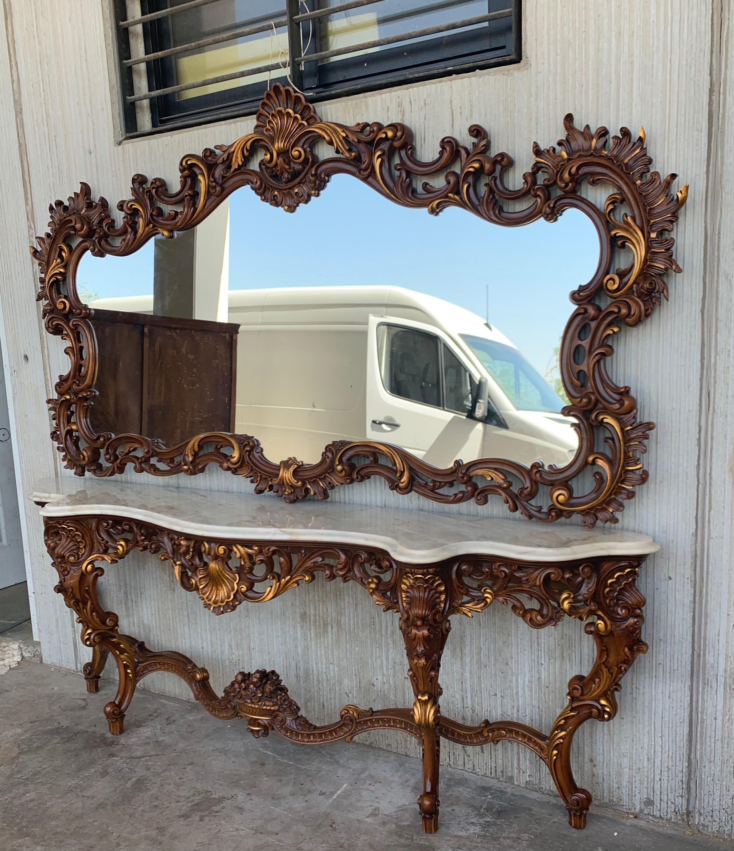 Baroque Revival Spanish 20th Baroque Style Carved Walnut Ormolu and Marble Console & Mirror