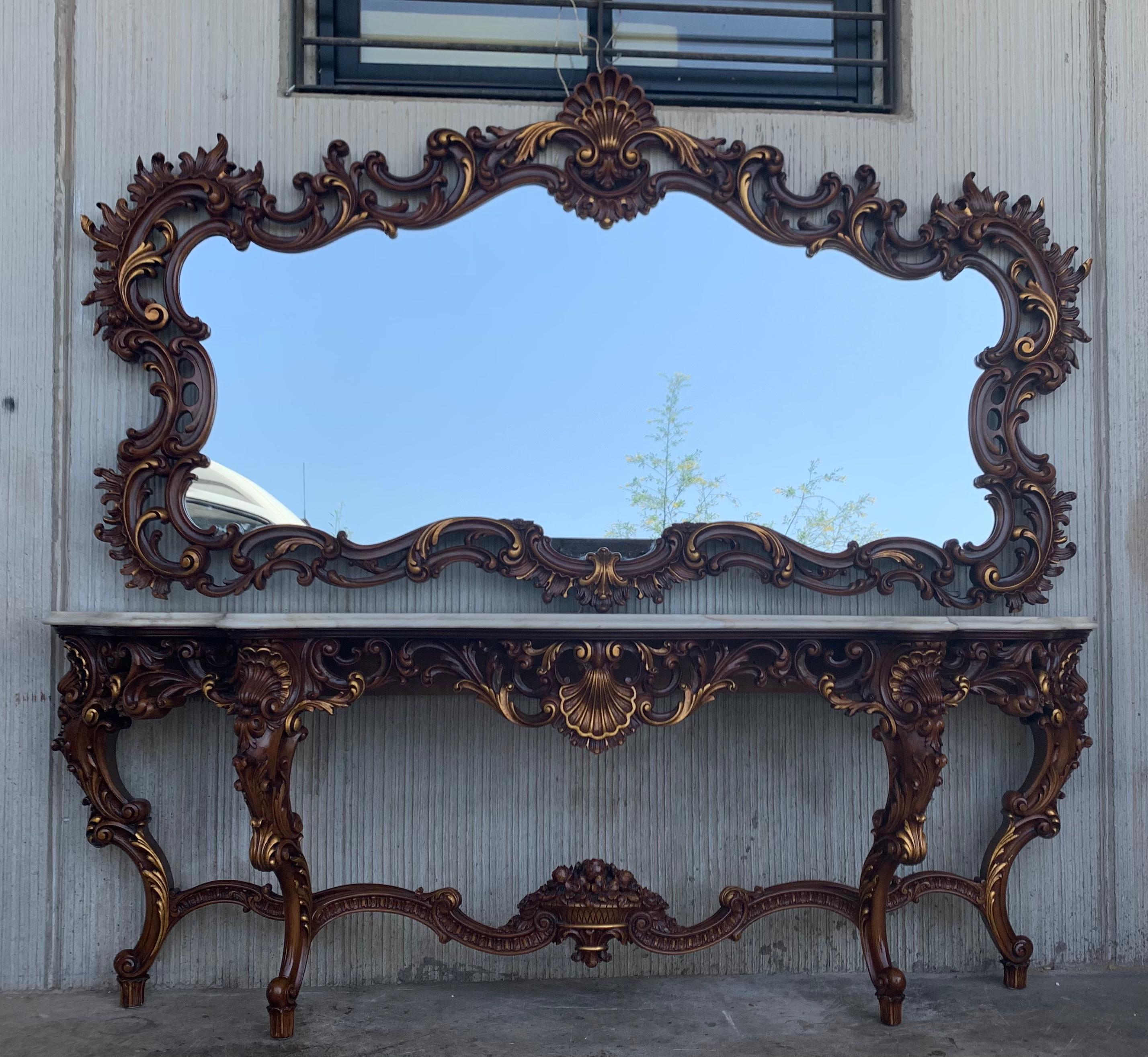 Spanish 20th Baroque Style Carved Walnut Ormolu and Marble Console & Mirror In Good Condition In Miami, FL