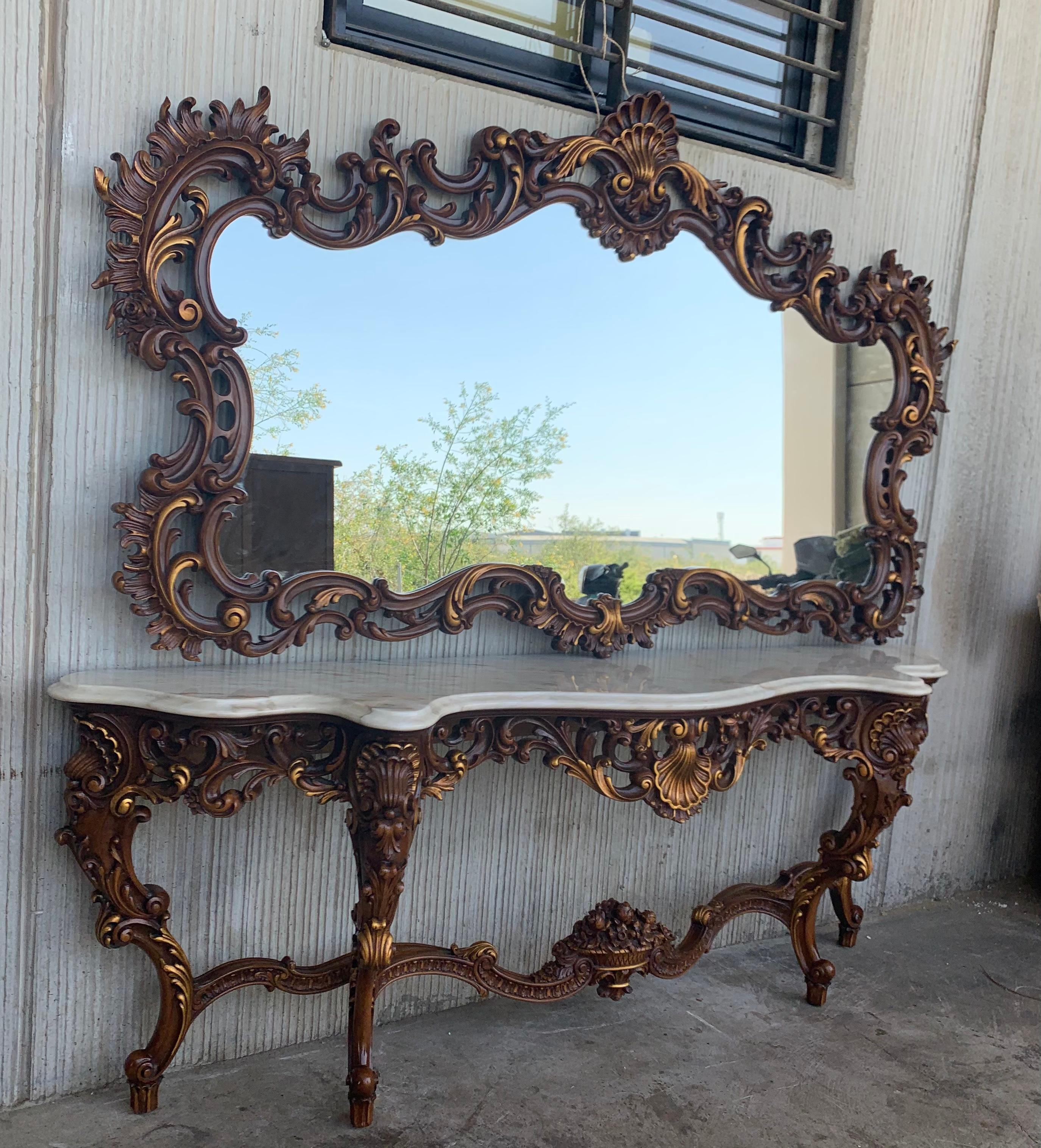 20th Century Spanish 20th Baroque Style Carved Walnut Ormolu and Marble Console & Mirror