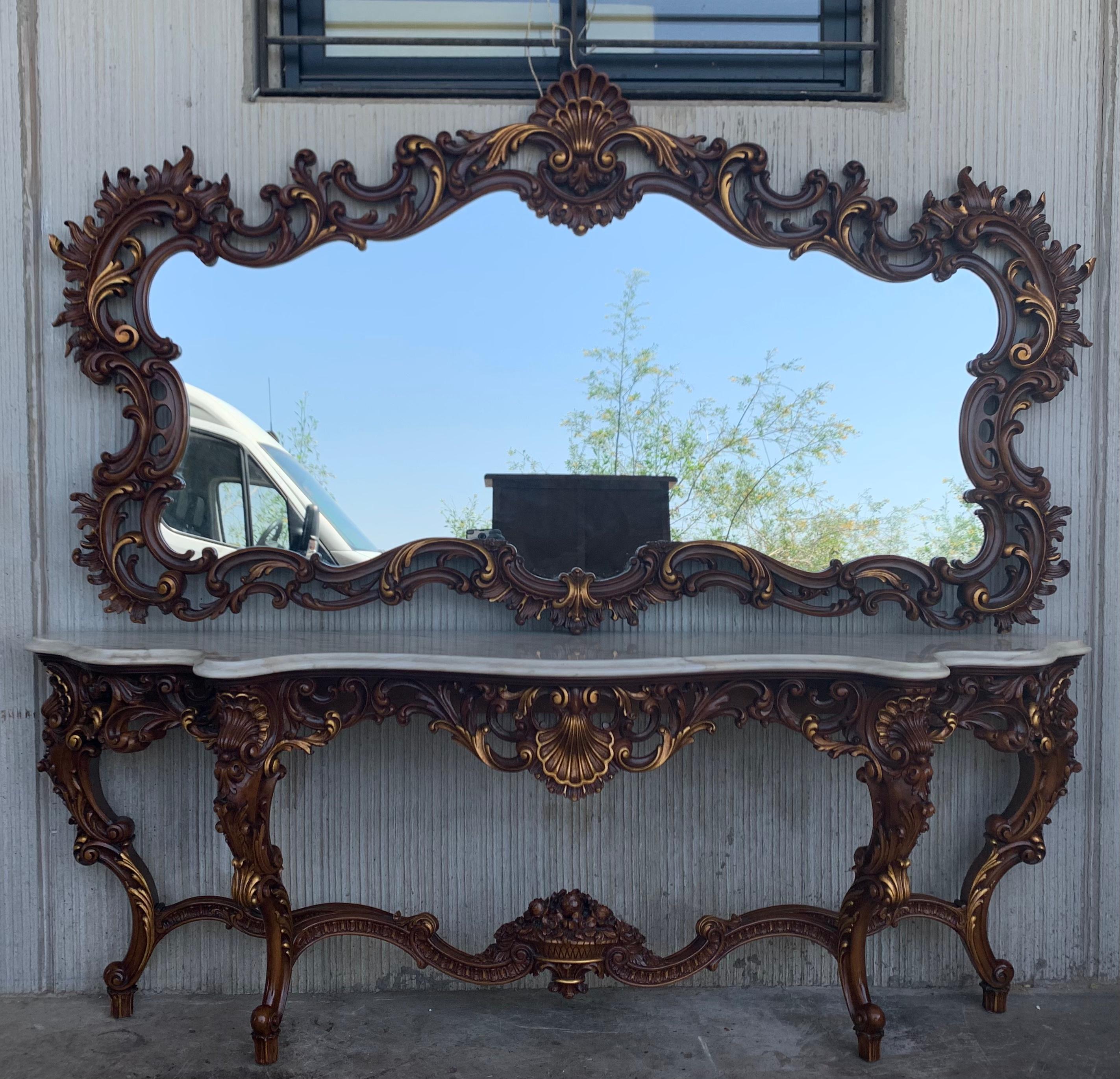 Spanish 20th Baroque Style Carved Walnut Ormolu and Marble Console & Mirror 1