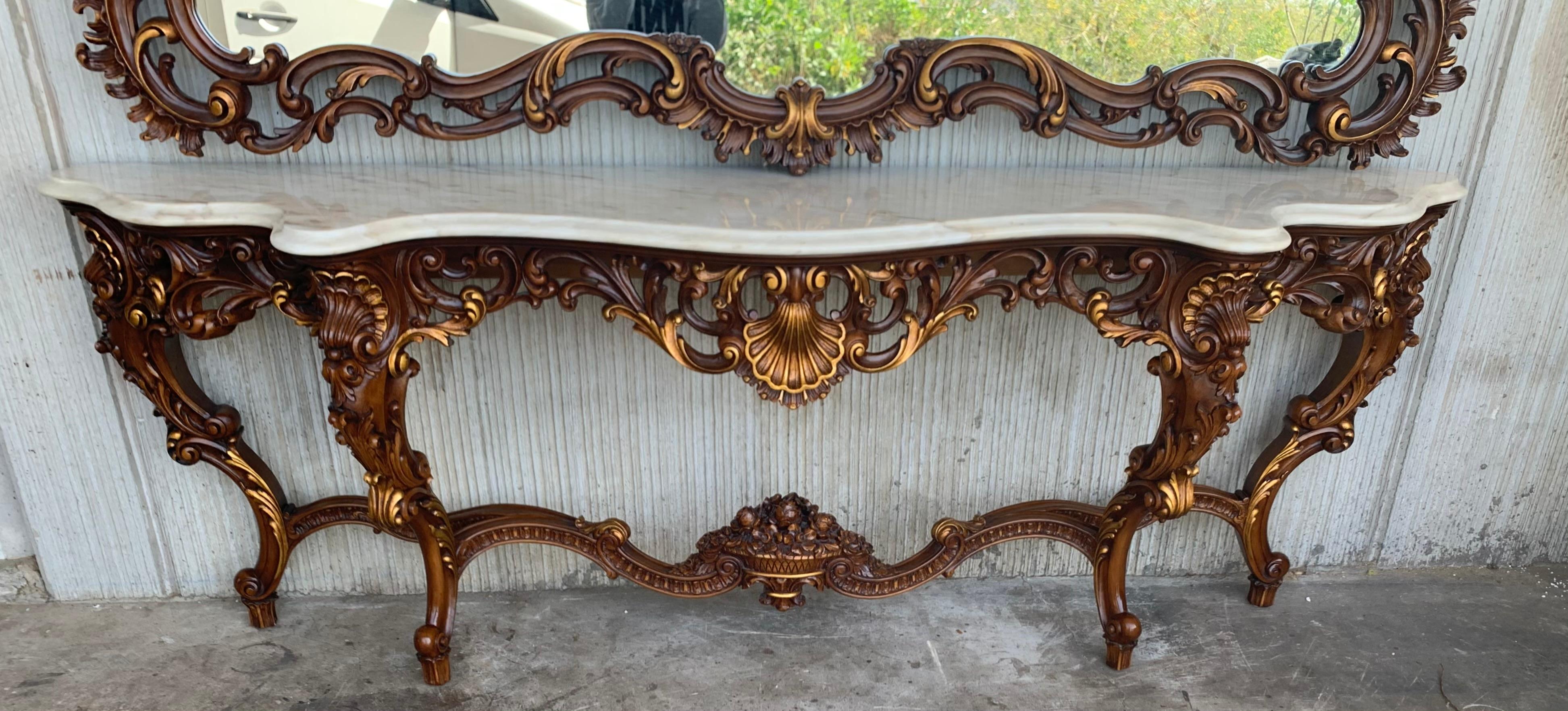 Spanish 20th Baroque Style Carved Walnut Ormolu and Marble Console & Mirror 4