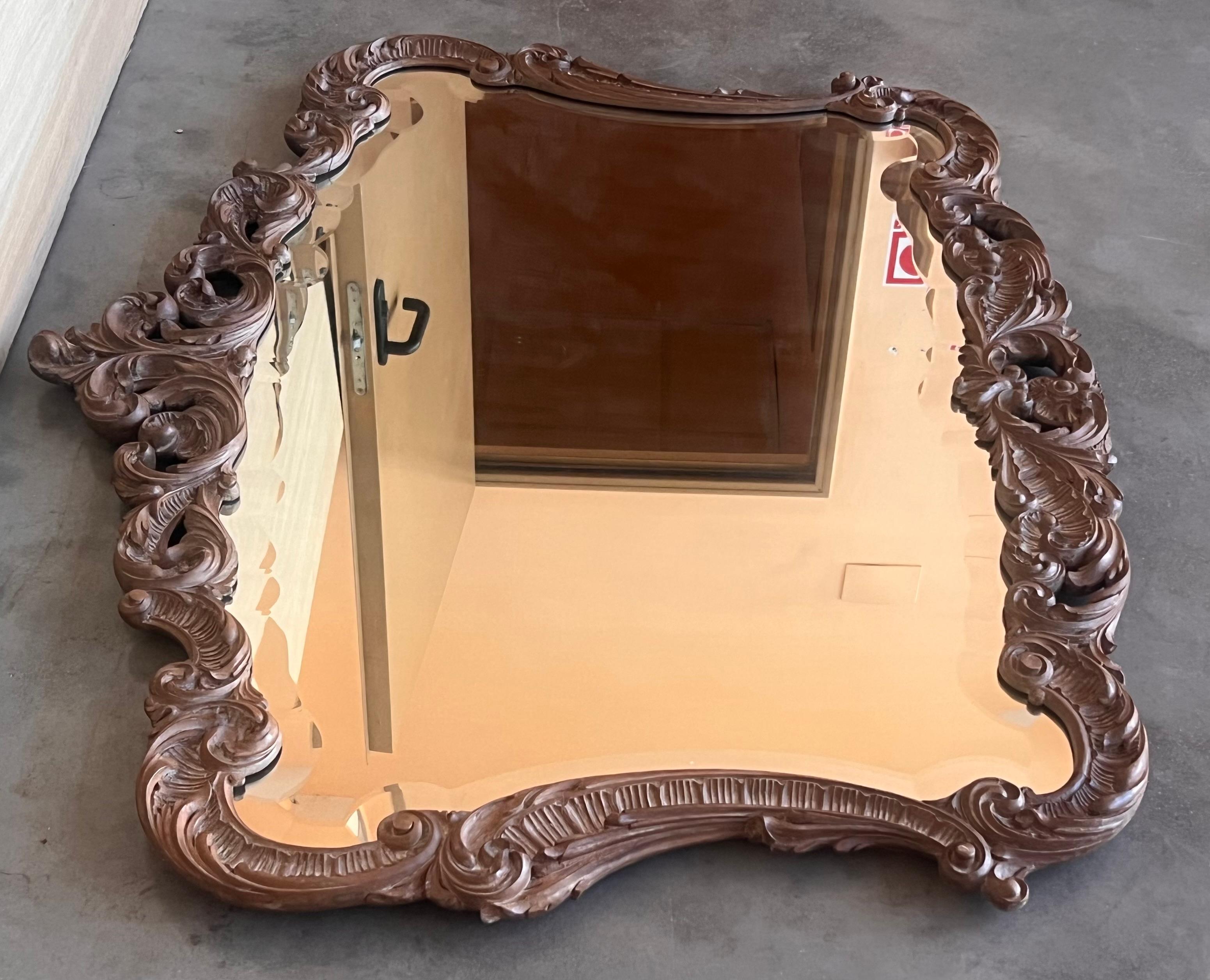 Baroque Revival Spanish 20th Baroque Style Carved Walnut Ormolu Large Mirror For Sale