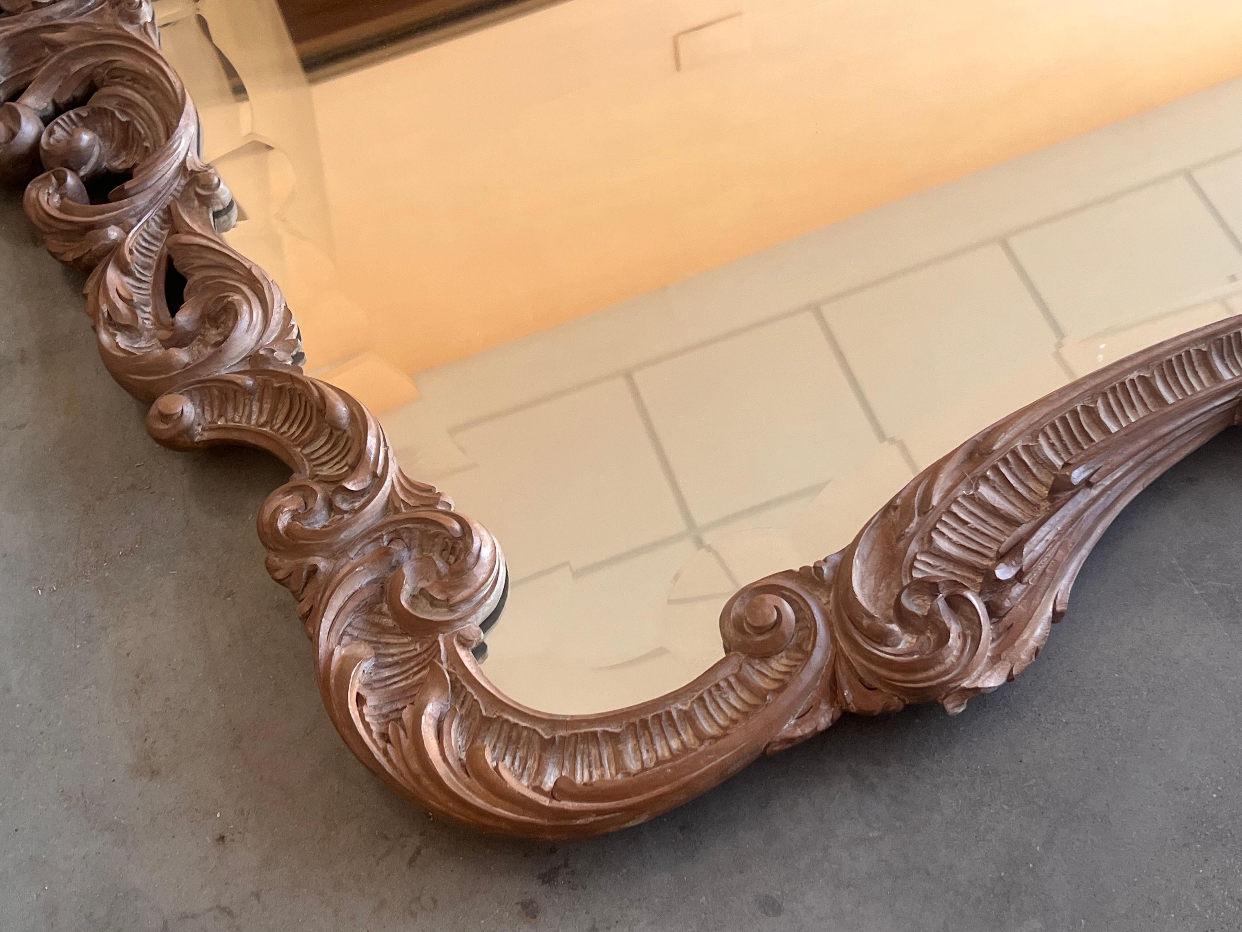 20th Century Spanish 20th Baroque Style Carved Walnut Ormolu Large Mirror For Sale