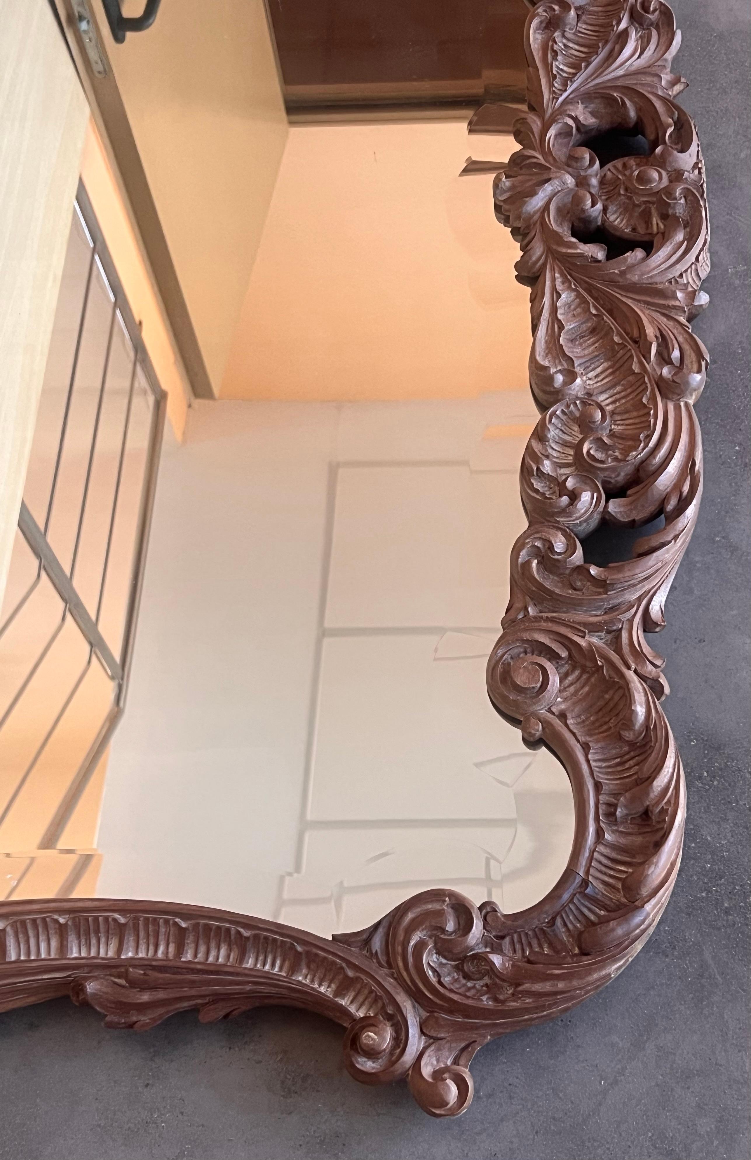 Marble Spanish 20th Baroque Style Carved Walnut Ormolu Large Mirror For Sale