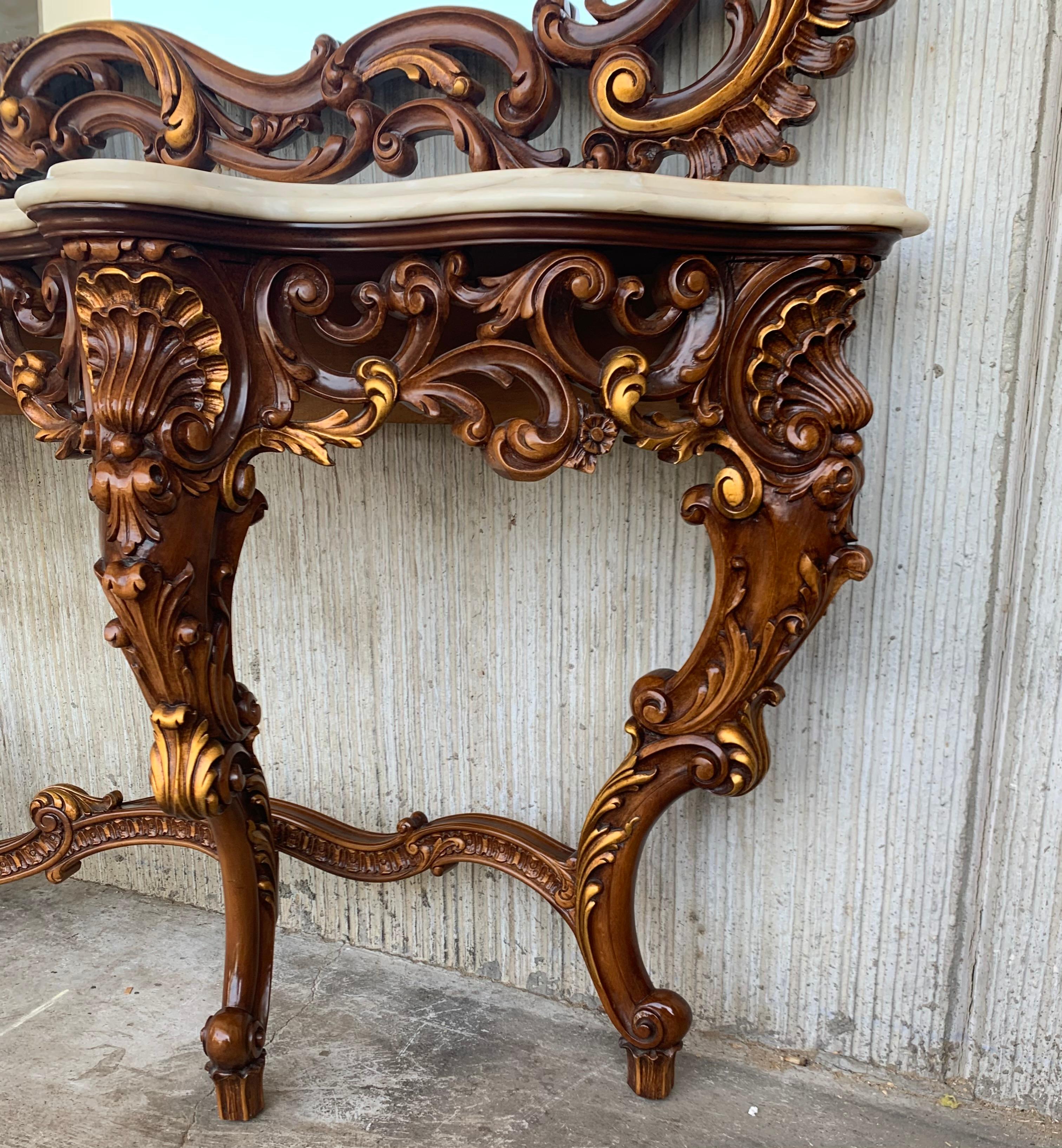 Spanish 20th Century Baroque Style Carved Walnut Ormolu and Marble Console Table For Sale 1