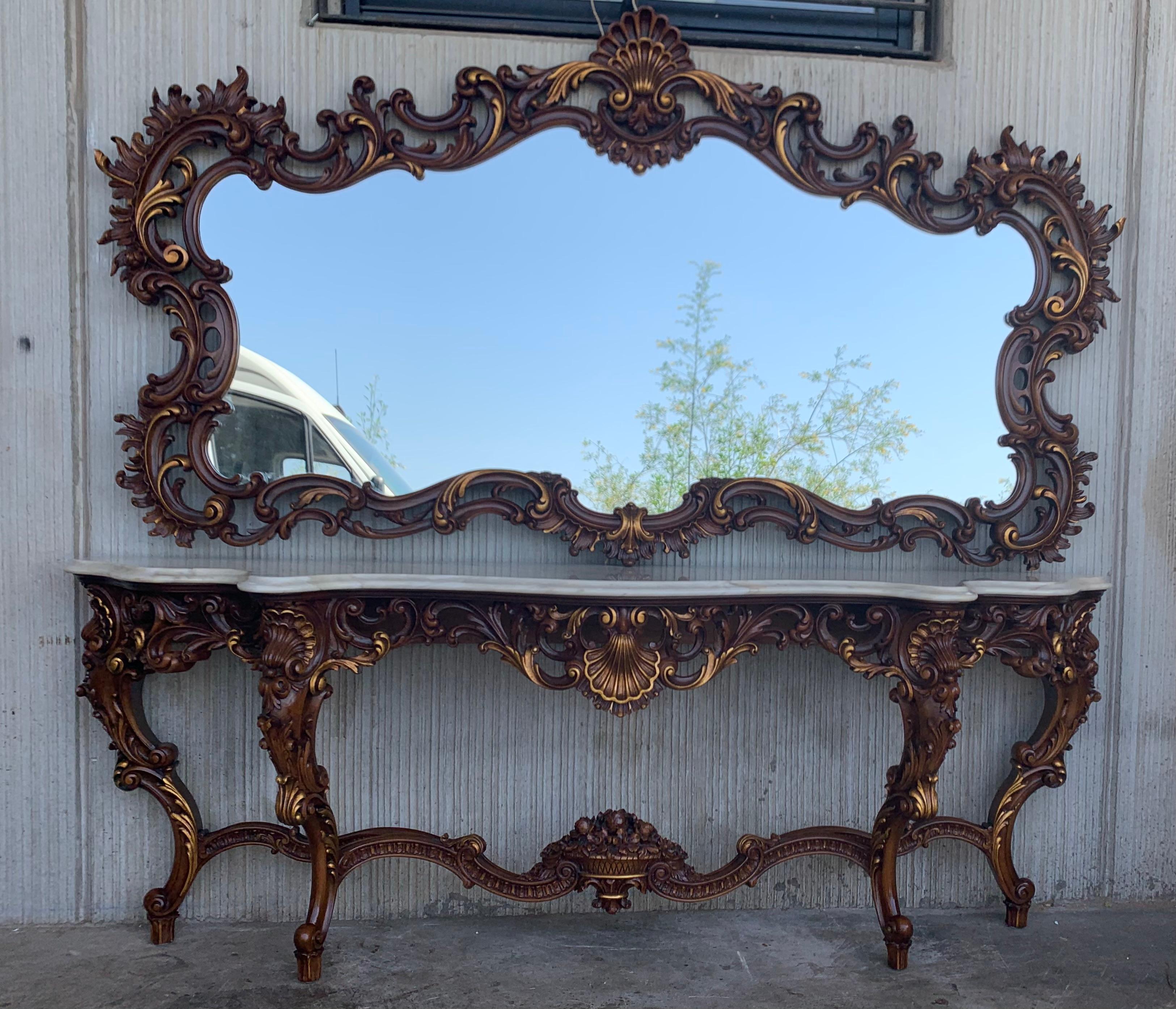 Spanish 20th Century Baroque Style Carved Walnut Ormolu and Marble Console Table For Sale 5