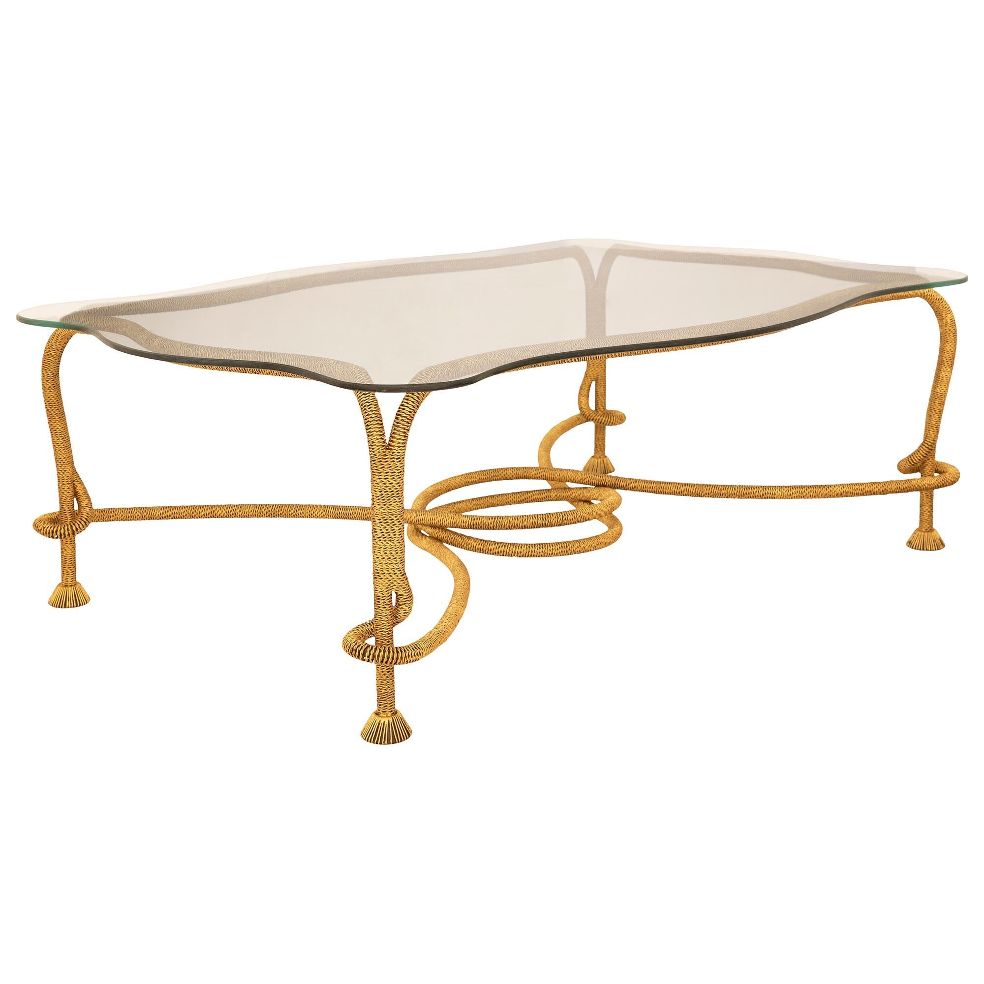 Spanish 20th century Gilt Metal and Glass coffee table by Emilio Rey, circa 1960 In Good Condition For Sale In West Palm Beach, FL