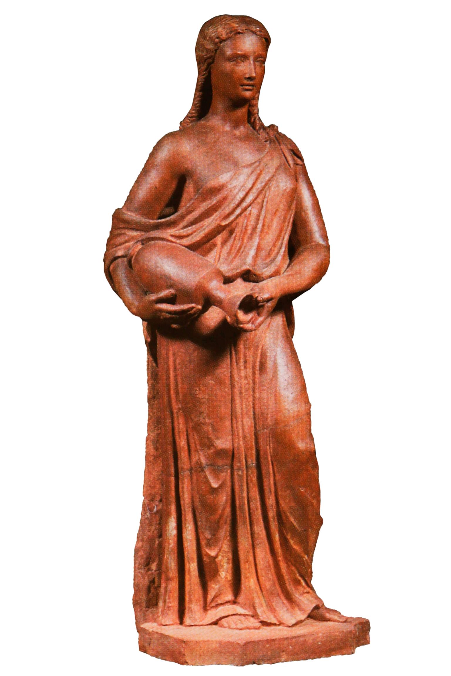 Spanish 20th century terracotta figure of a classical Maiden depicted standing and holding an Amphora, on an inverted rectangular plinth. Signed 