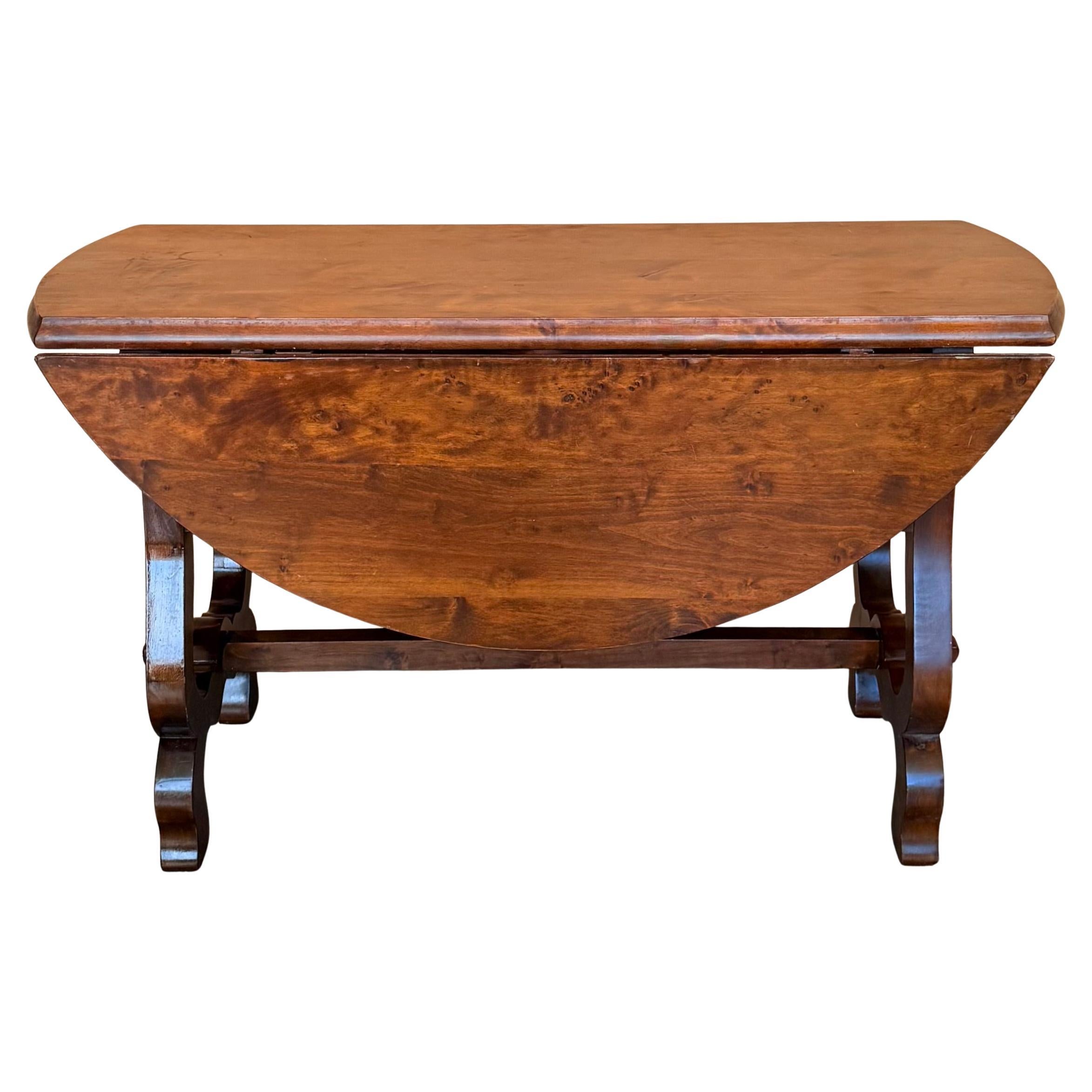 Spanish 20th Century Walnut Drop-Leaf Table with round Top and Lyre Legs For Sale
