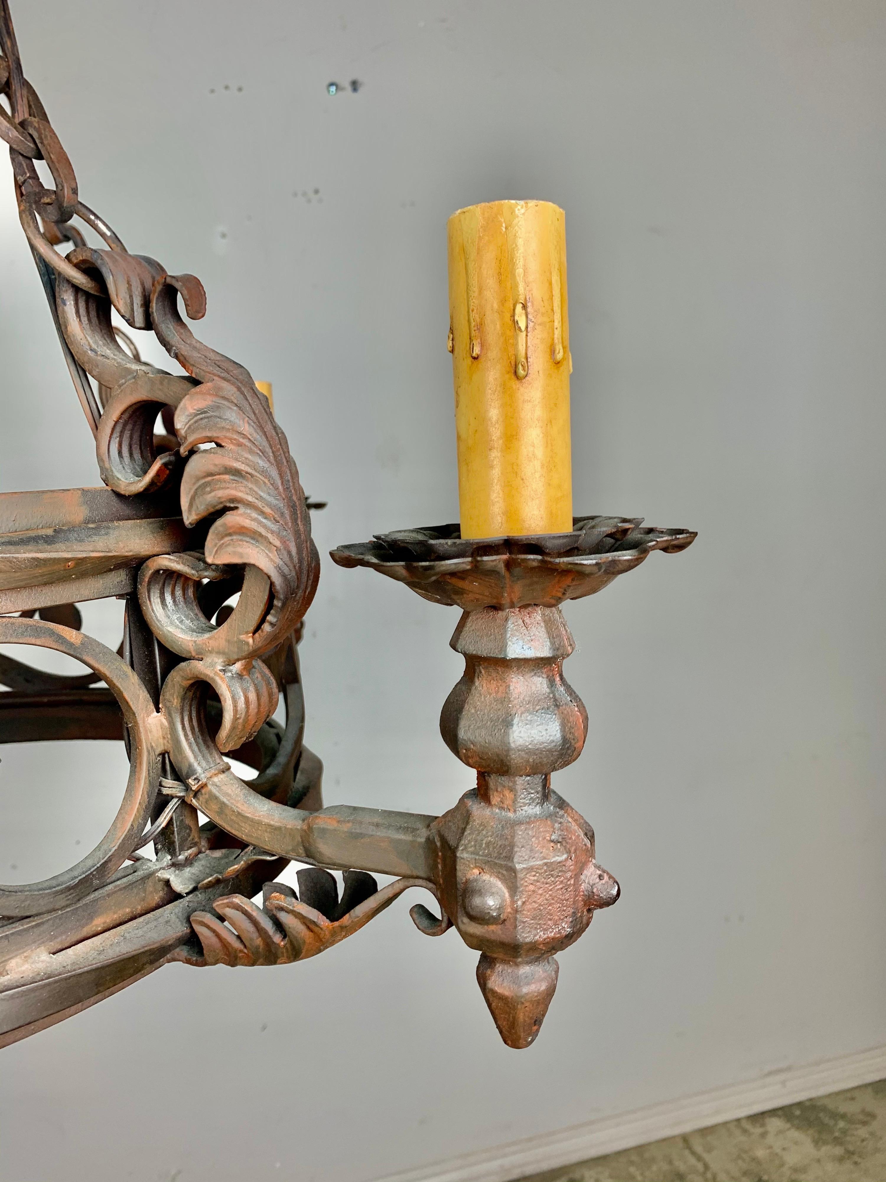 Spanish '4' Light Wrought Iron Chandelier In Distressed Condition In Los Angeles, CA