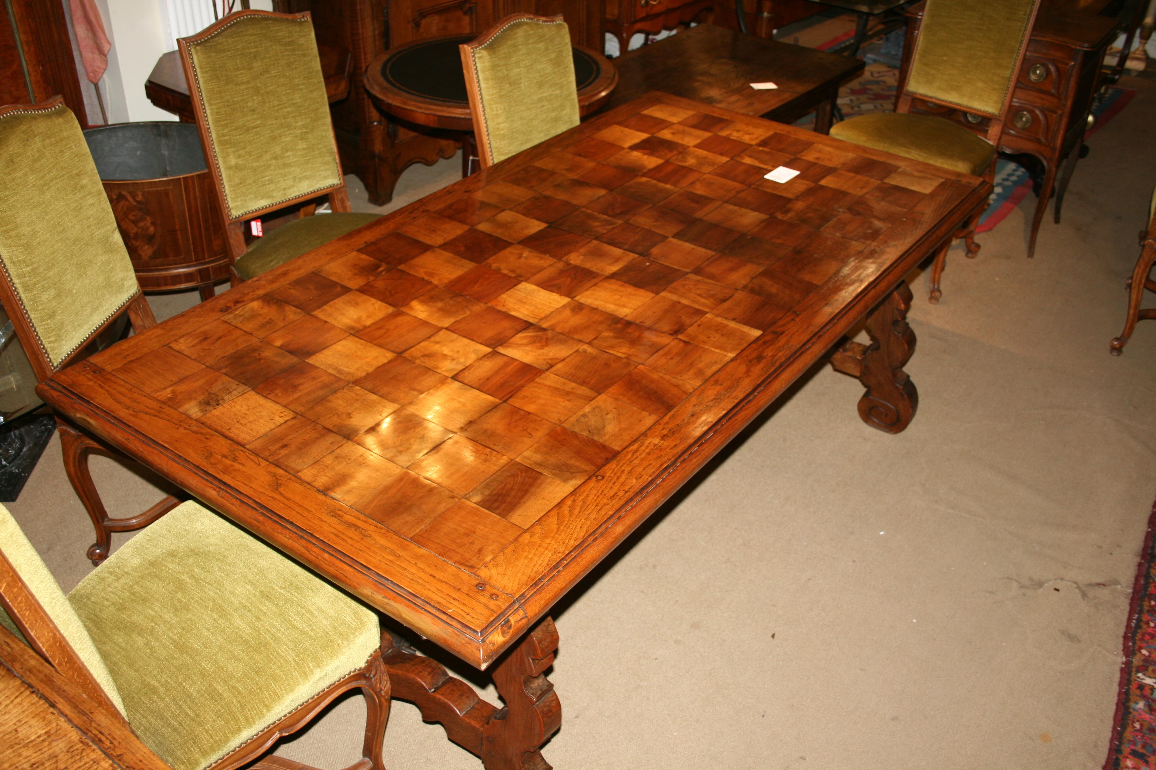 very good size dining table with wonderful color oak and solid walnut block top, beneath is well wrought iron stretcher.