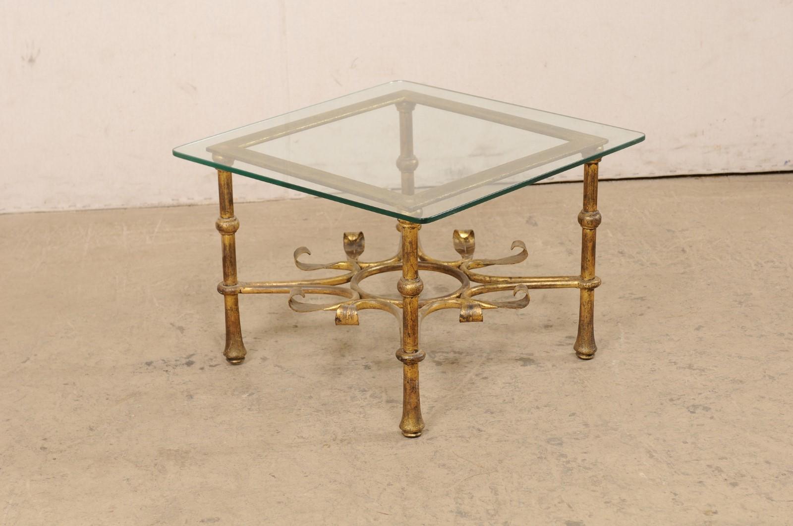 Spanish Accent Table with Gilt Iron Base & Square-Shaped Glass Top, Mid 20th C. For Sale 6