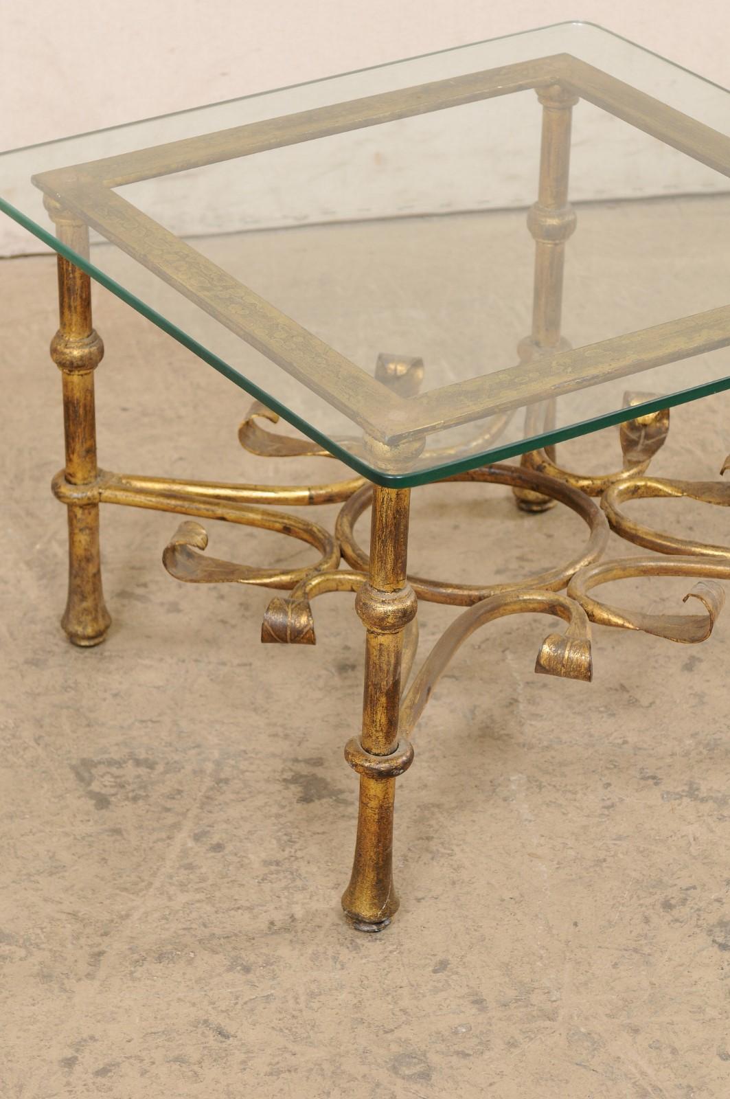 Spanish Accent Table with Gilt Iron Base & Square-Shaped Glass Top, Mid 20th C. In Good Condition For Sale In Atlanta, GA