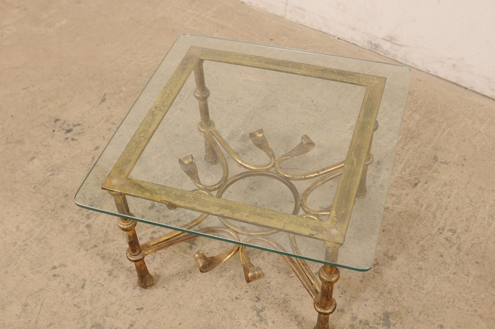 20th Century Spanish Accent Table with Gilt Iron Base & Square-Shaped Glass Top, Mid 20th C. For Sale