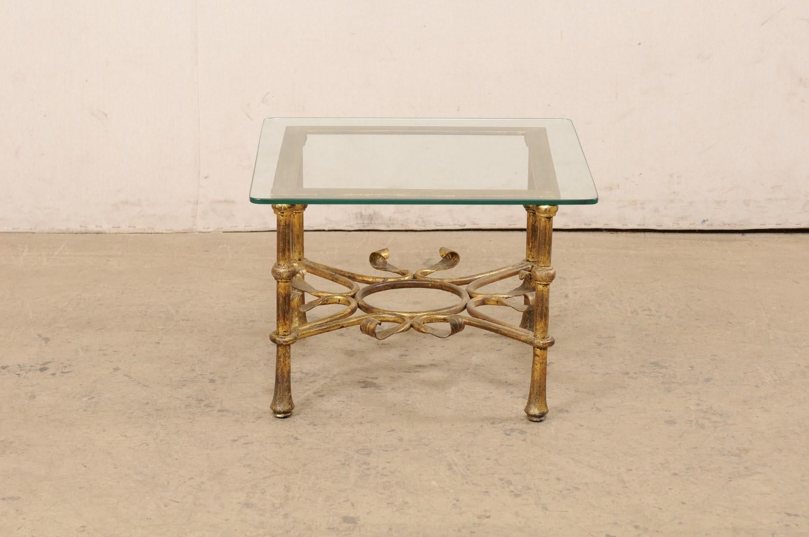 Spanish Accent Table with Gilt Iron Base & Square-Shaped Glass Top, Mid 20th C. For Sale 1