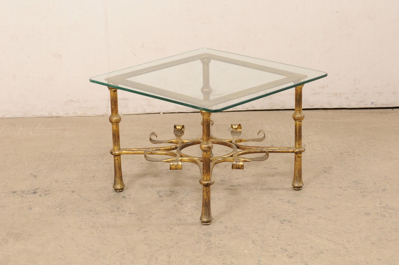Spanish Accent Table with Gilt Iron Base & Square-Shaped Glass Top, Mid 20th C. For Sale 2