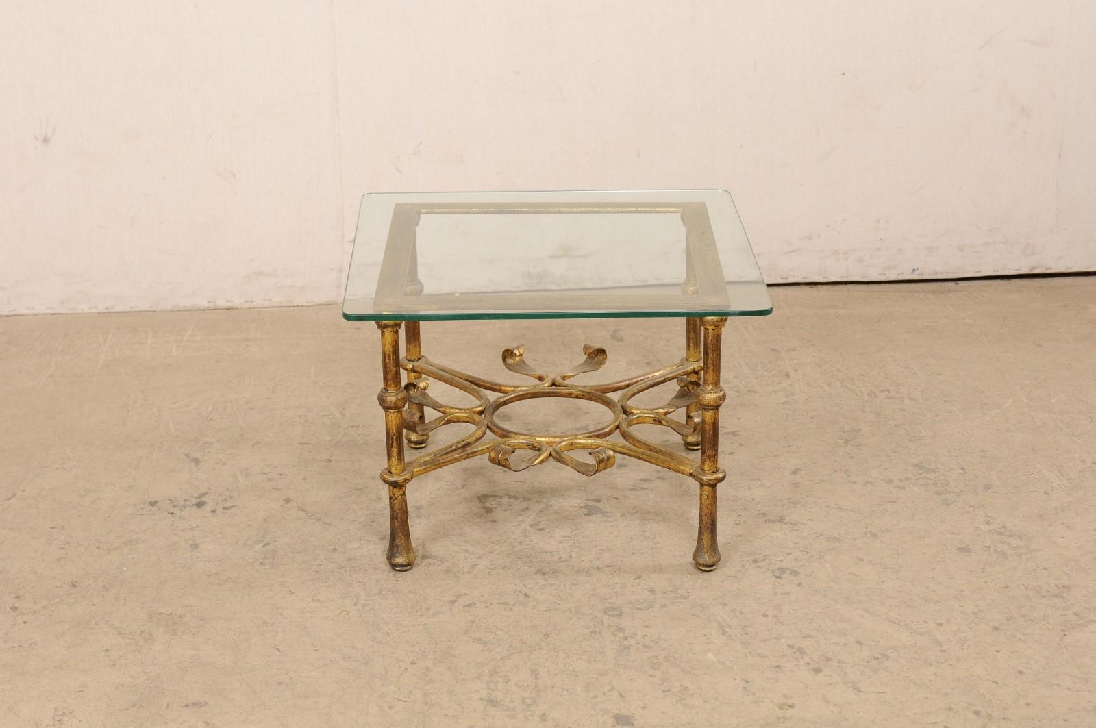 Spanish Accent Table with Gilt Iron Base & Square-Shaped Glass Top, Mid 20th C. For Sale 3